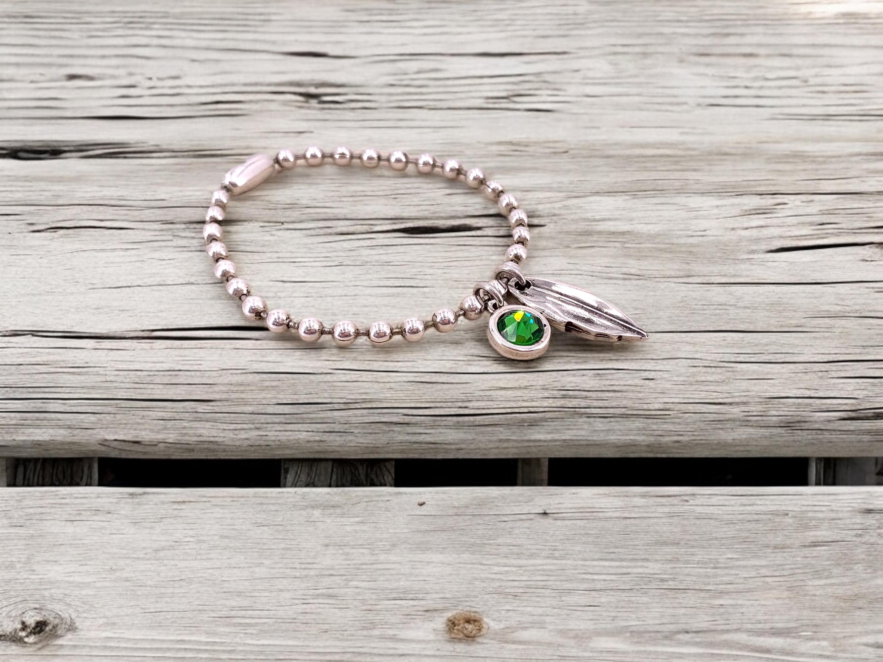 Silver balls chain bracelet with a leaf and Swarovski crystal charm