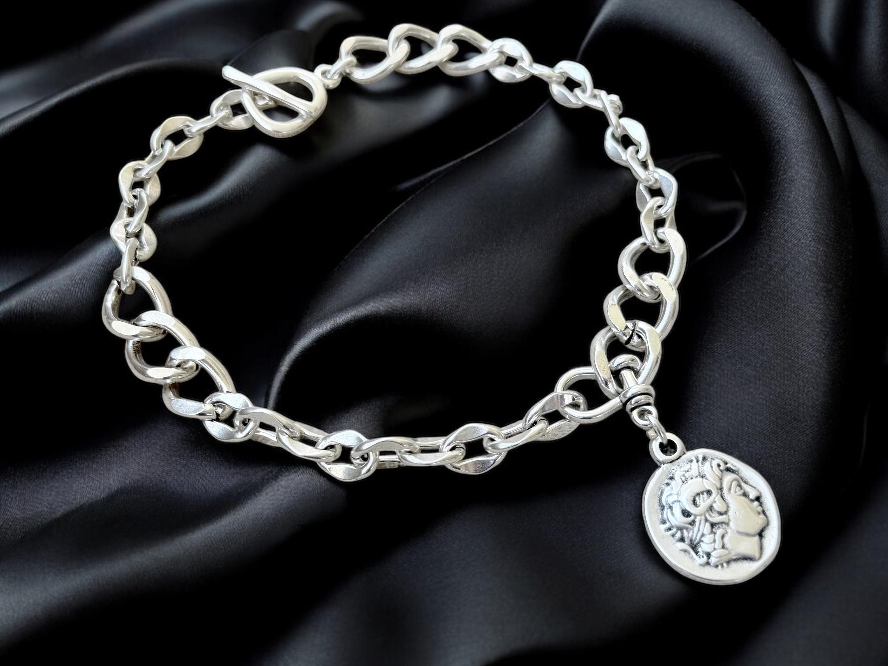 Chunky Silver chain Necklace with Alexander the Great Coin Pendant, Bold handmade Jewelry