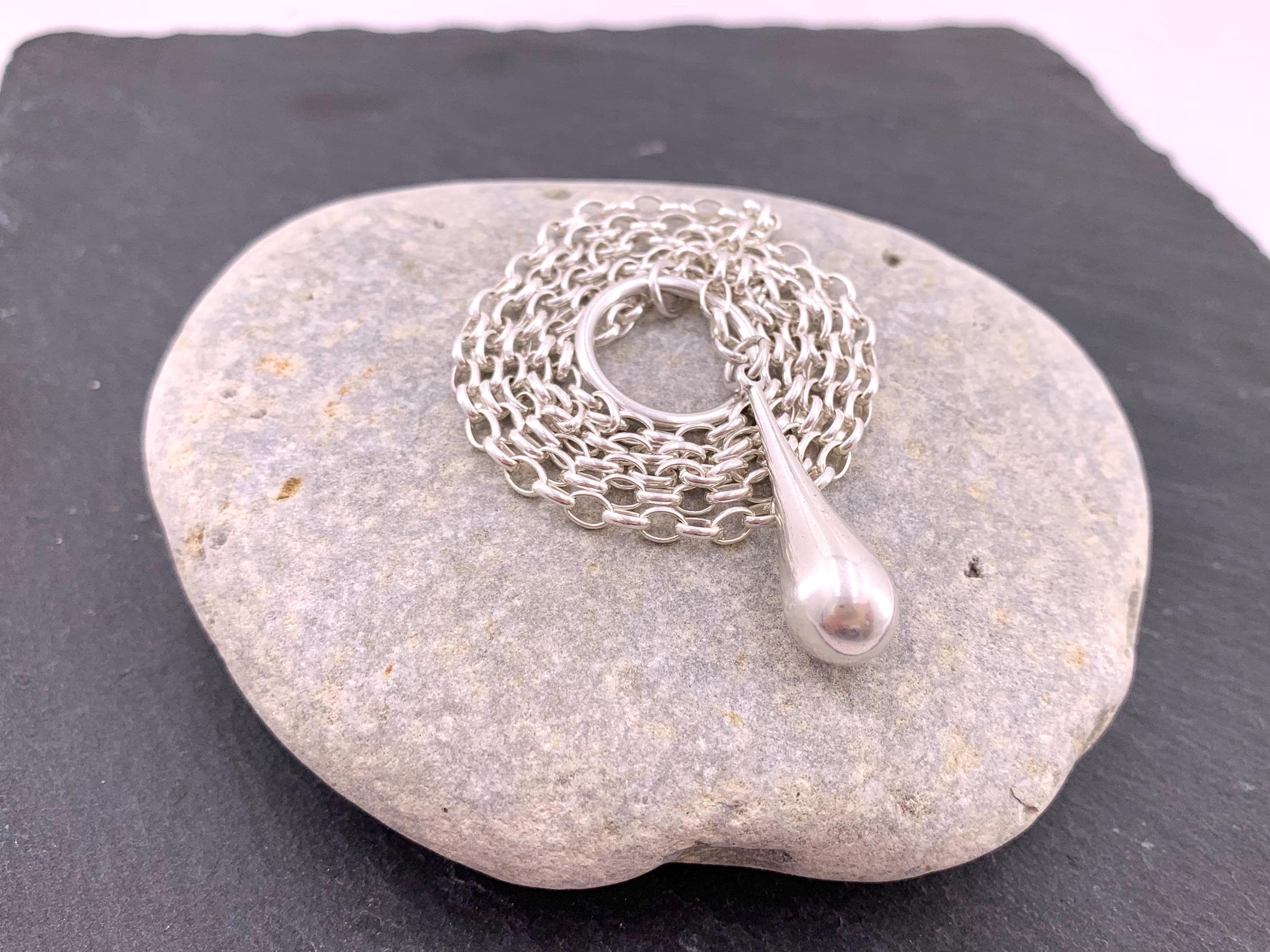 Layering silver chain lariat necklace, wrap Y necklace, dome pendant lariat necklace, teardrop pendant layering necklace, ,