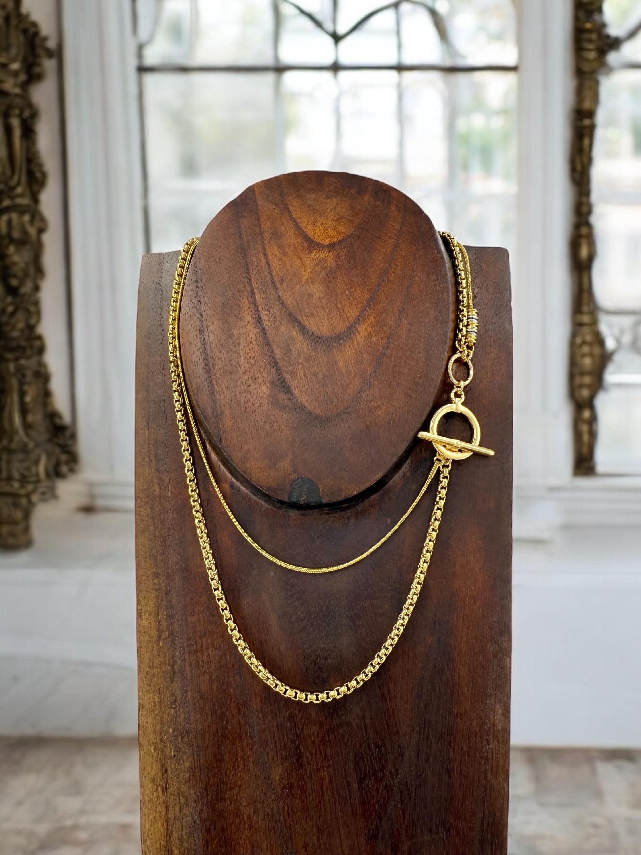 Double-Strand Gold Chain toggle Necklace – Chunky Layered Wrap Style choker – Handmade jewelry