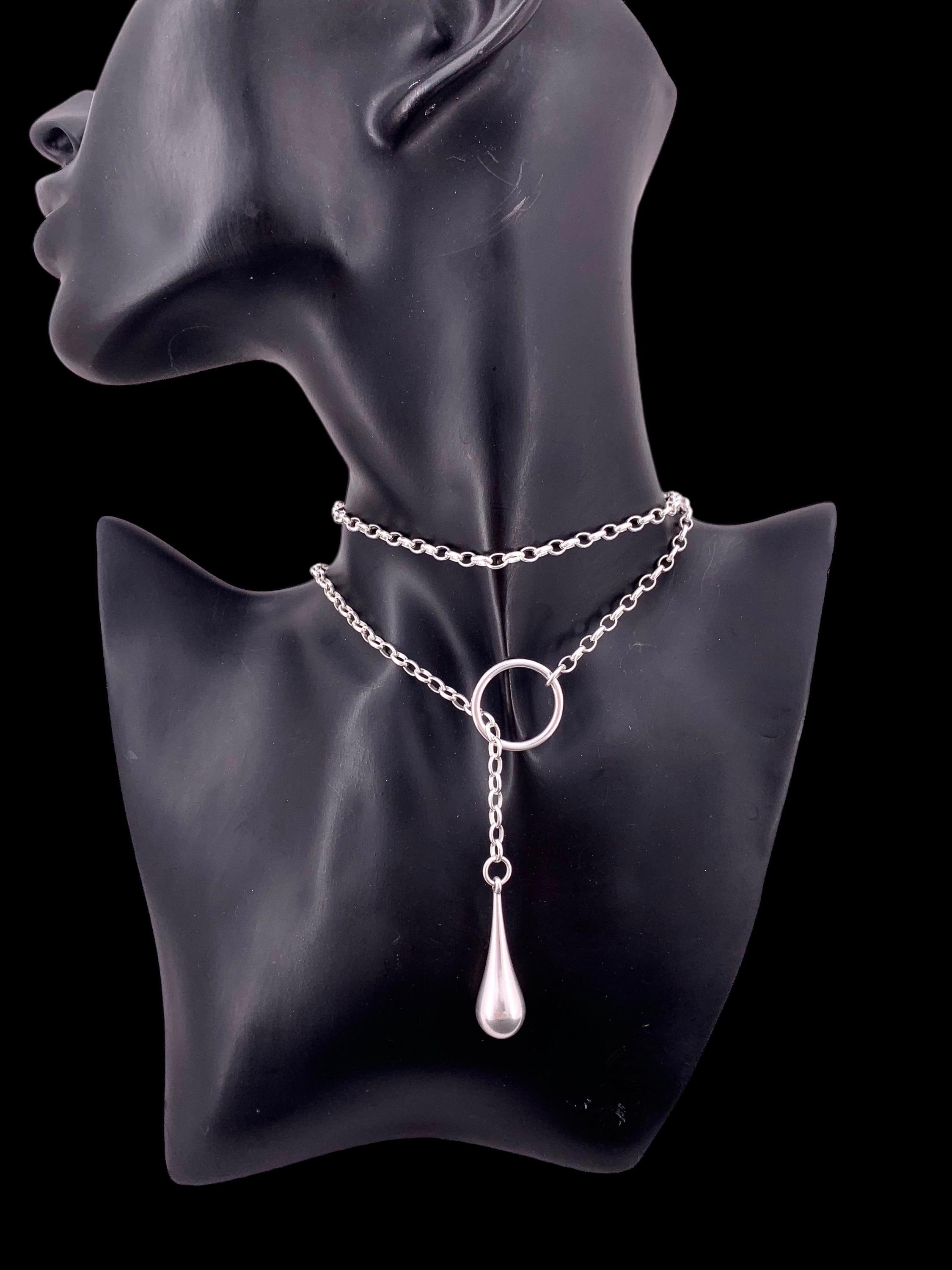 Layering silver chain lariat necklace, wrap Y necklace, dome pendant lariat necklace, teardrop pendant layering necklace, ,