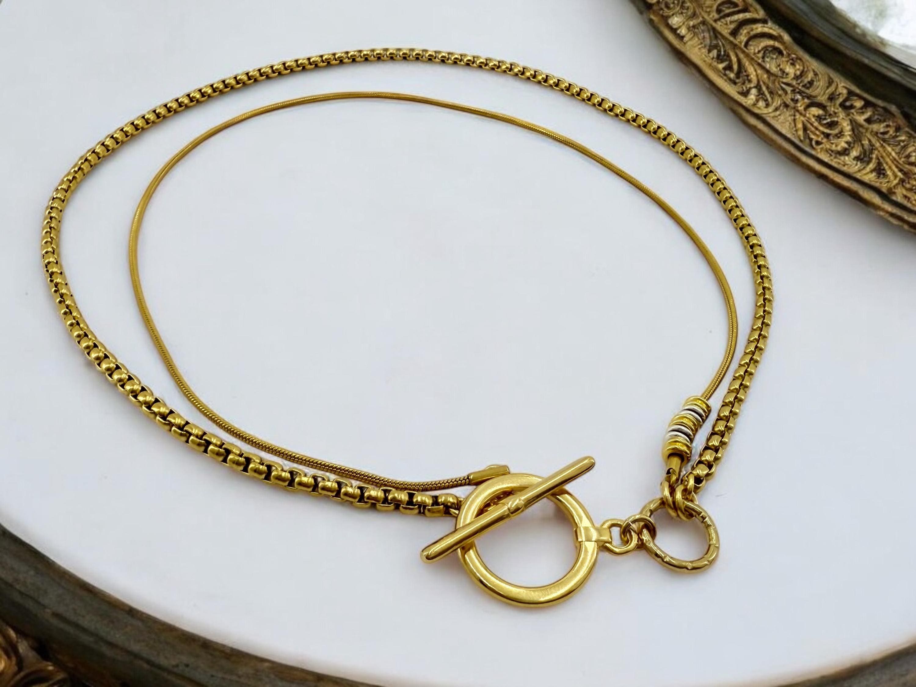Double-Strand Gold Chain toggle Necklace – Chunky Layered Wrap Style choker – Handmade jewelry