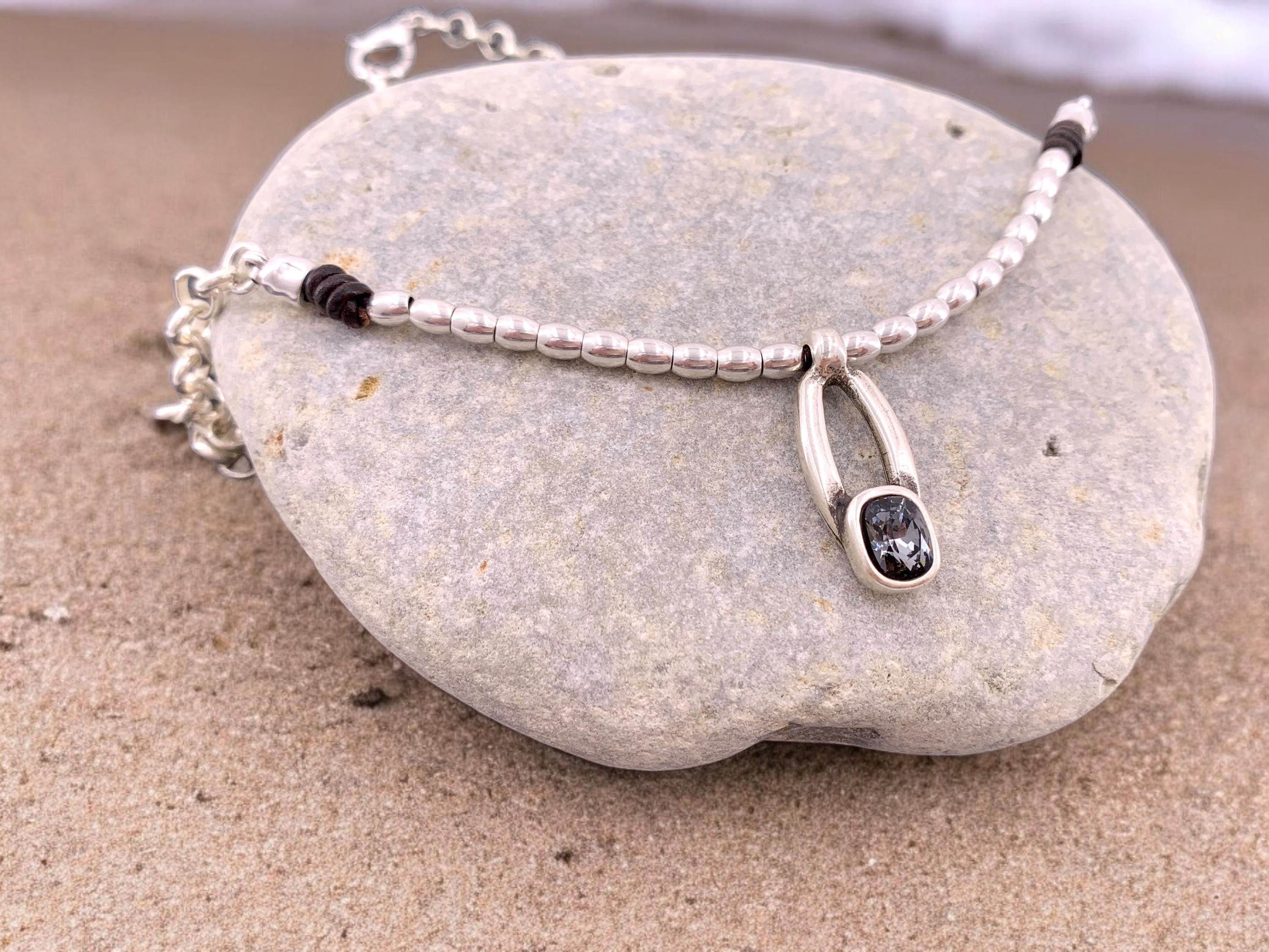 Otiginal pendant with Smoky Graphite Crystal, chunky beaded and chain silver necklace,