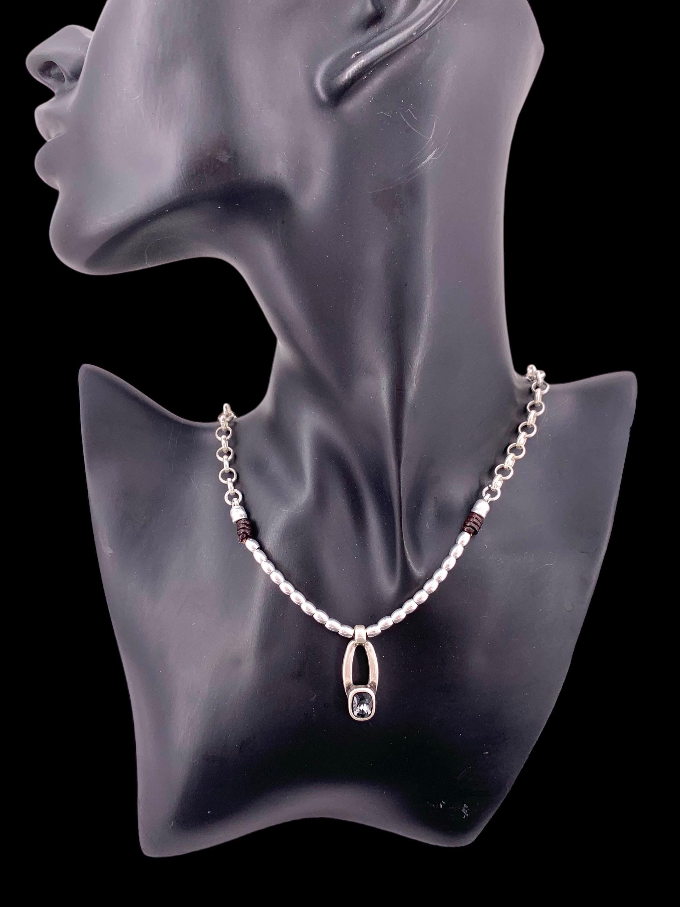 Otiginal pendant with Smoky Graphite Crystal, chunky beaded and chain silver necklace,