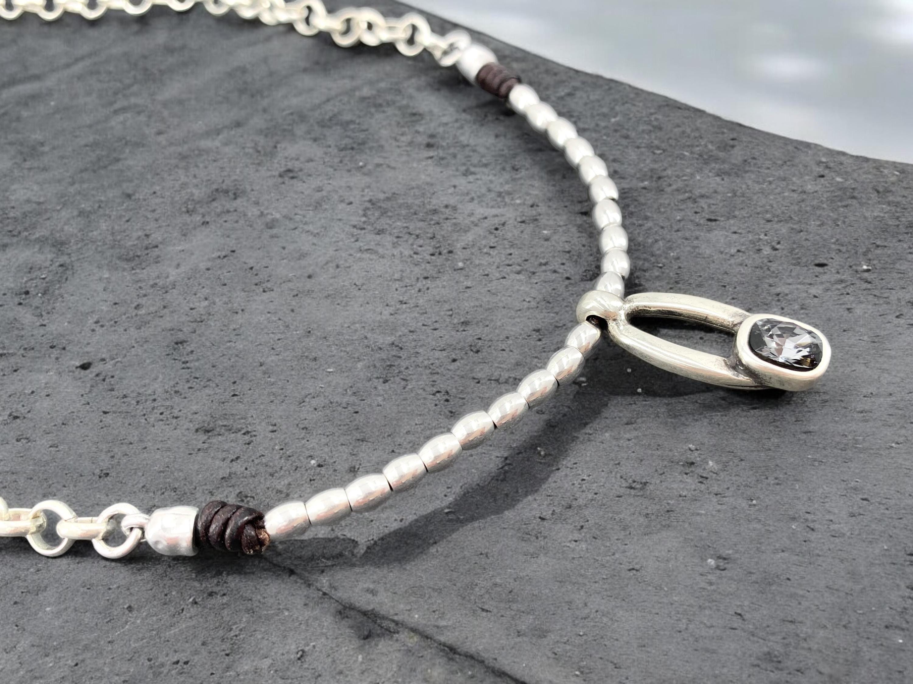 Otiginal pendant with Smoky Graphite Crystal, chunky beaded and chain silver necklace,