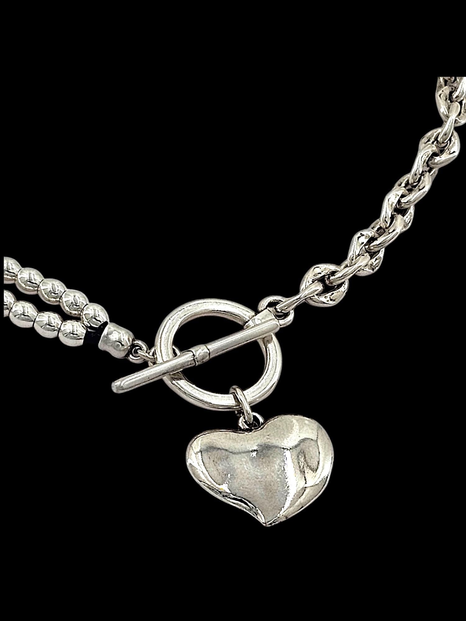 Heart pendant toggle clasp chunky silver chain and beaded necklace