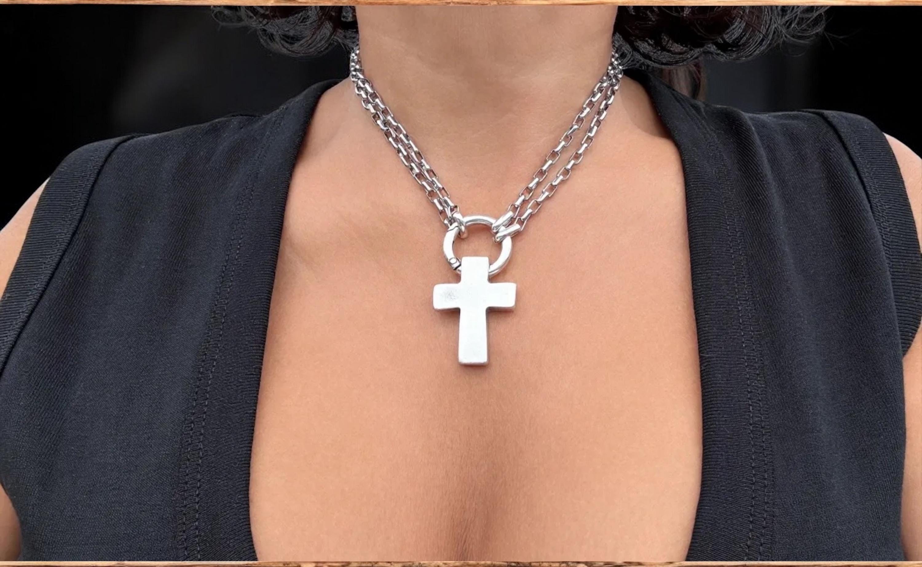 Chunky silver cross necklace with multiple positions, bold layered pendant choker, handmade Jewelry.