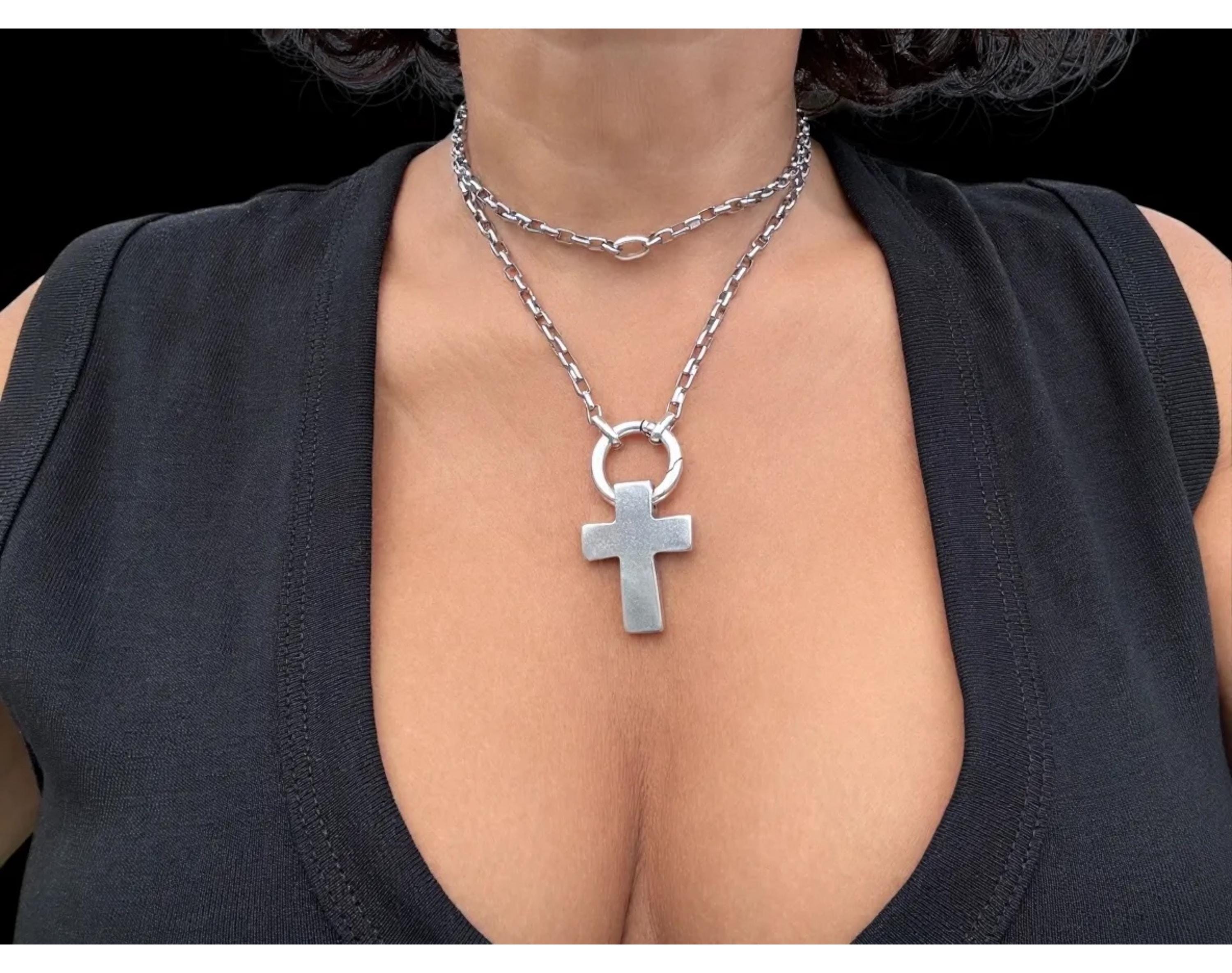 Chunky silver cross necklace with multiple positions, bold layered pendant choker, handmade Jewelry.