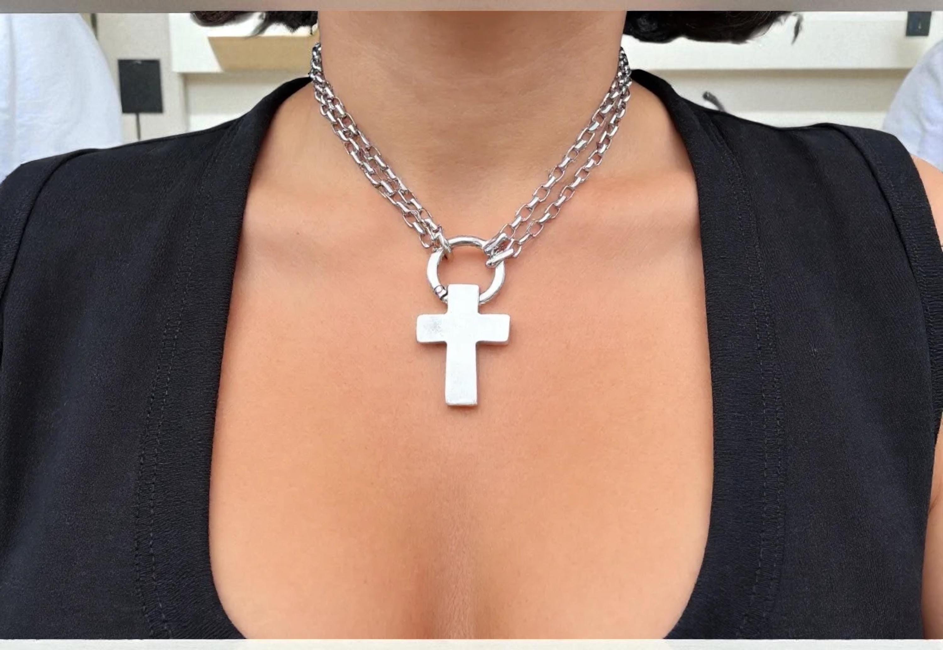 Chunky silver cross necklace with multiple positions, bold layered pendant choker, handmade Jewelry.