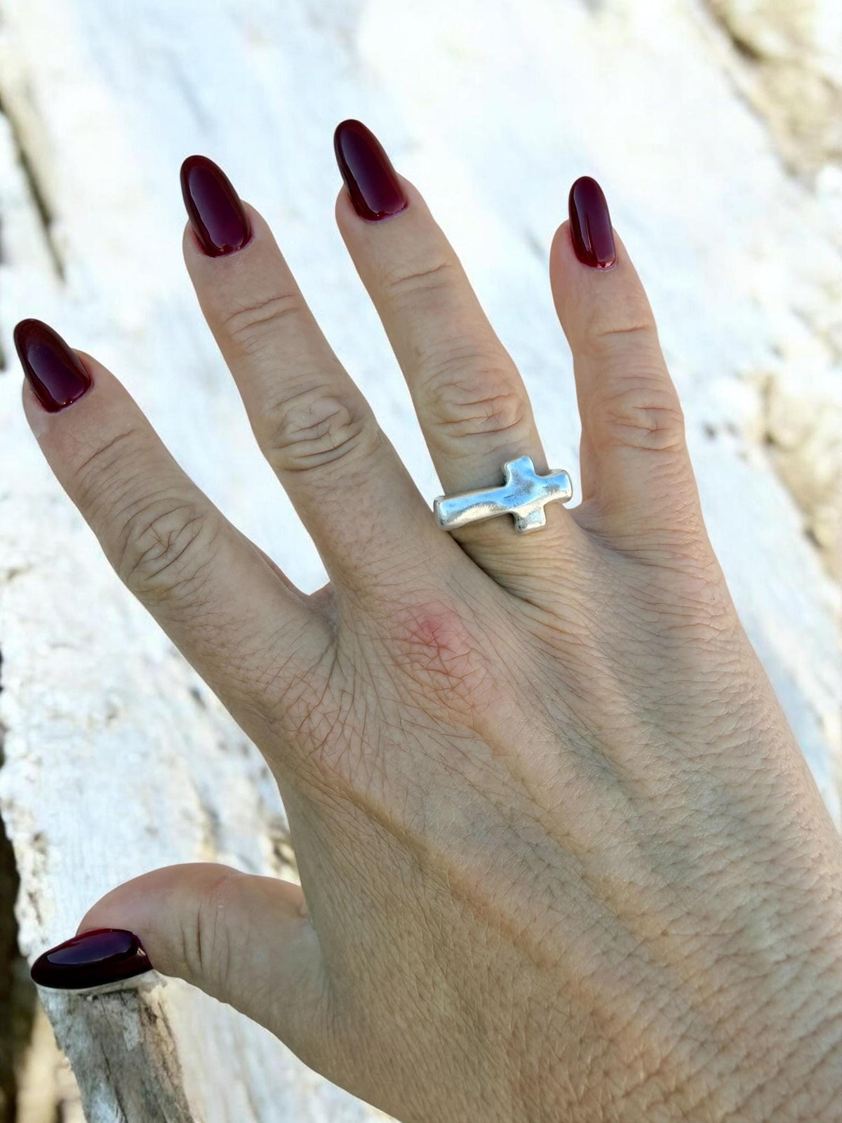 Chunky Silver Plated organic Gothic cross ring, punk jewelry