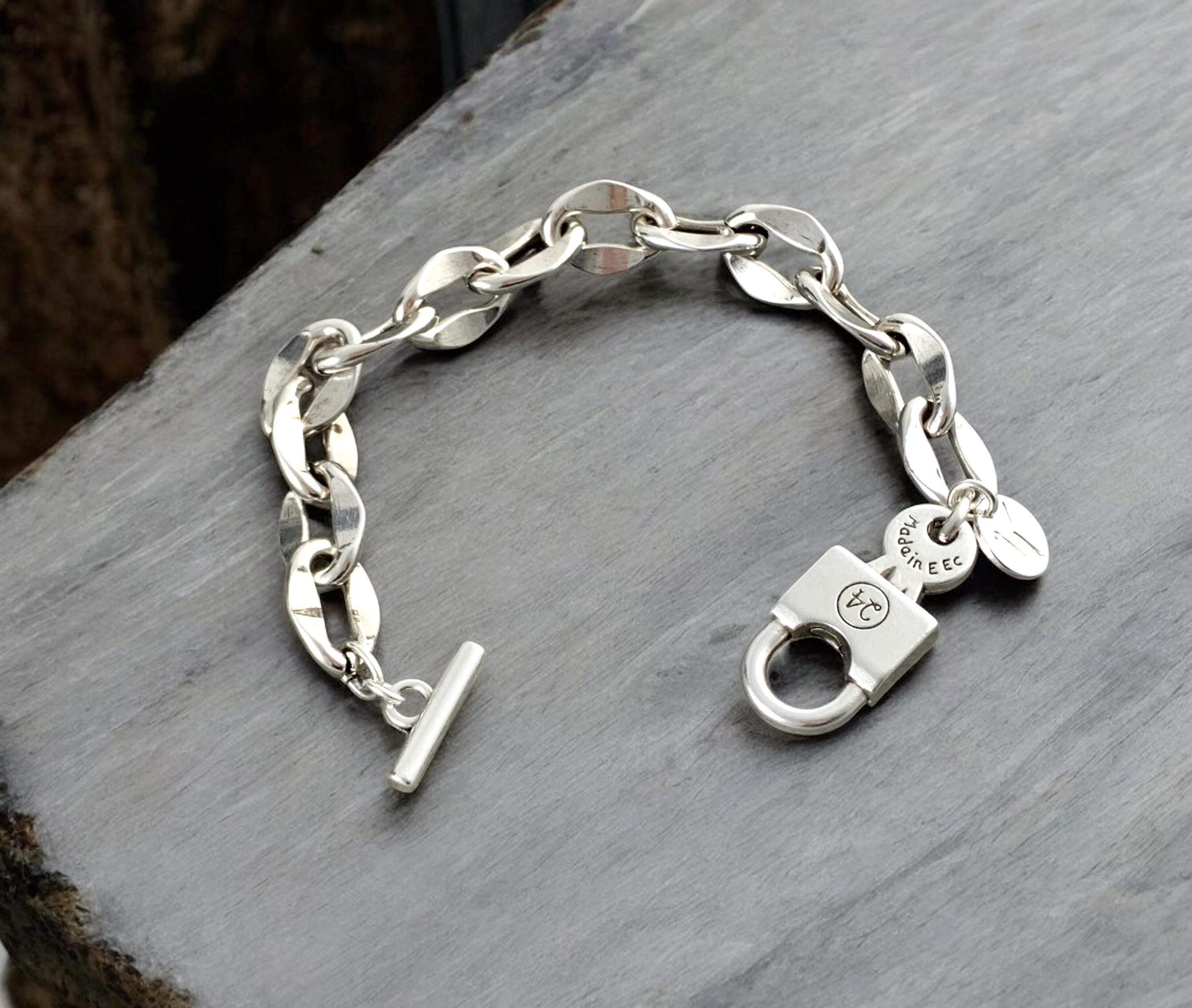 Bold Chunky silver plated Chain Bracelet with Oversized Padlock toggle Clasp – Industrial jewelry