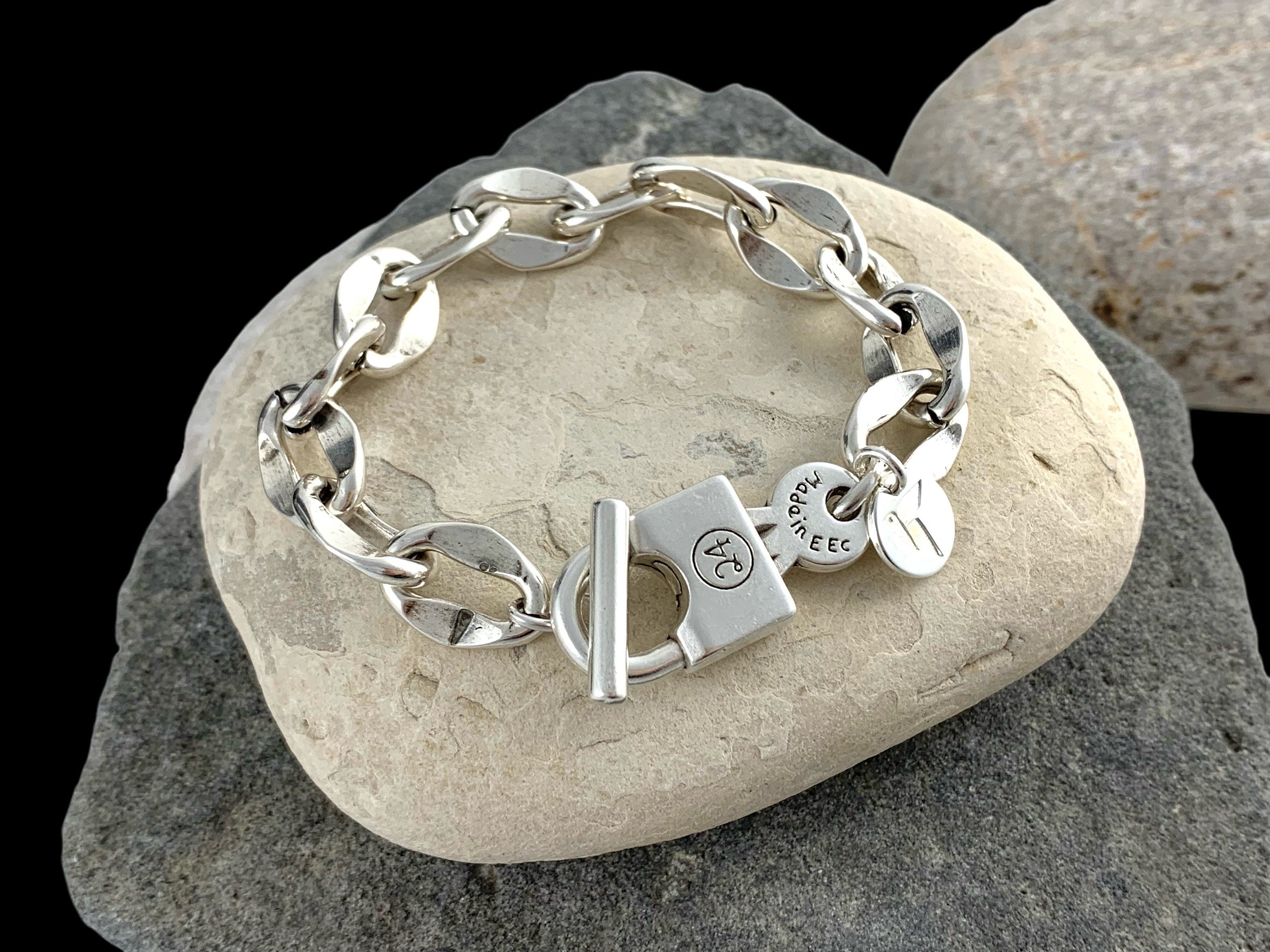 Bold Chunky silver plated Chain Bracelet with Oversized Padlock toggle Clasp – Industrial jewelry