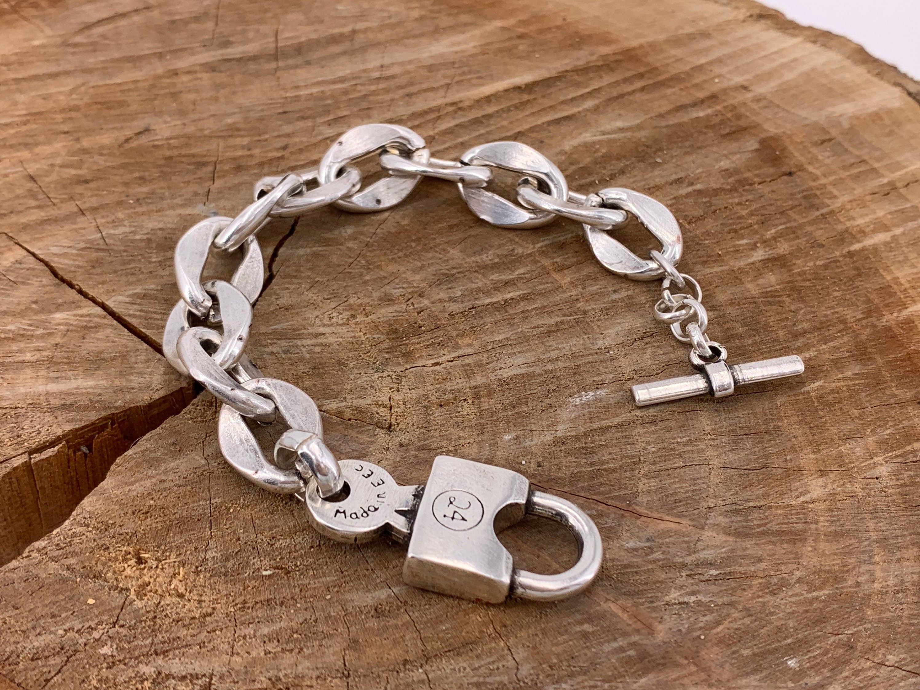 Bold Chunky silver plated Chain Bracelet with Oversized Padlock toggle Clasp – Industrial jewelry