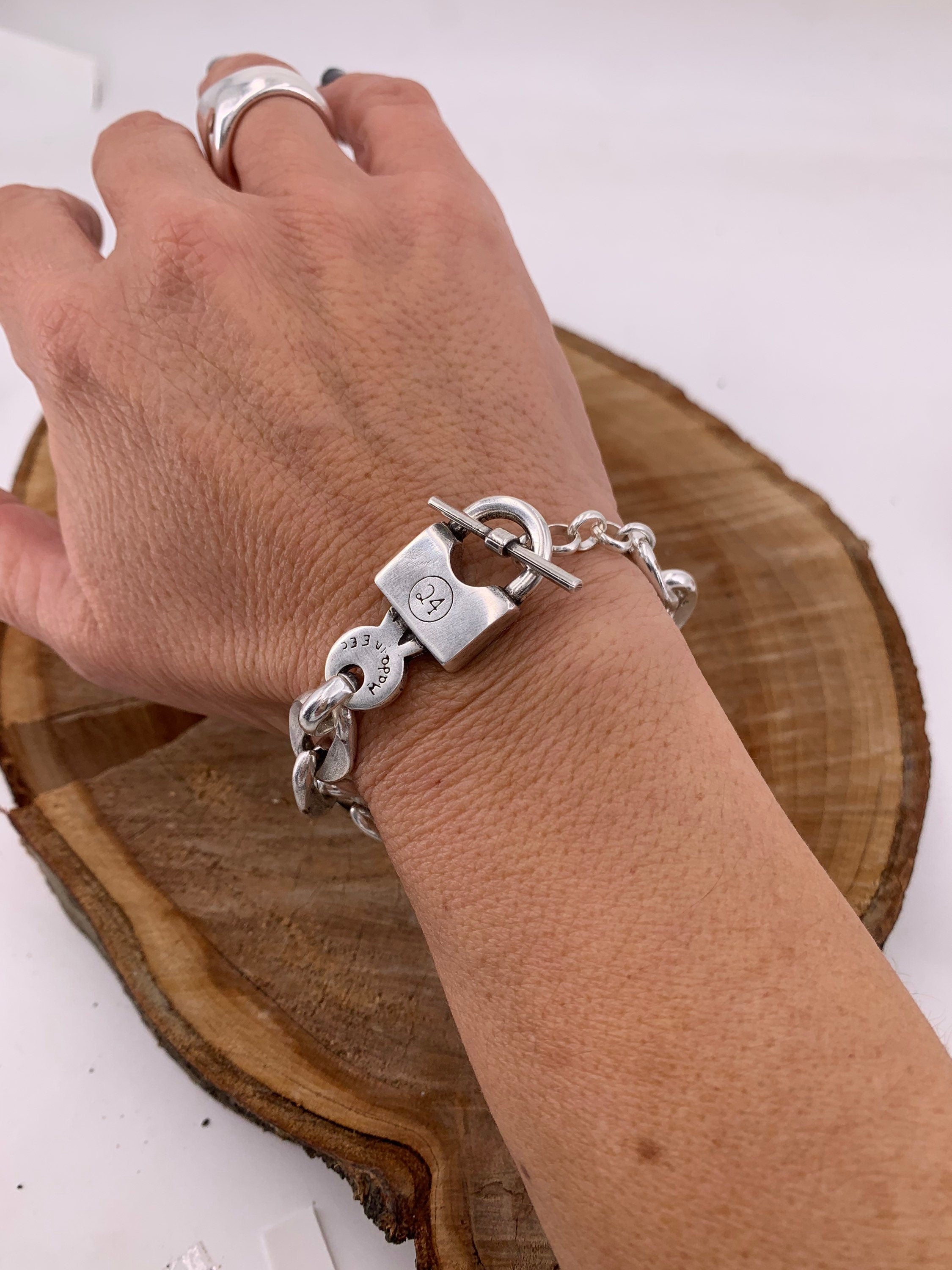 Bold Chunky silver plated Chain Bracelet with Oversized Padlock toggle Clasp – Industrial jewelry