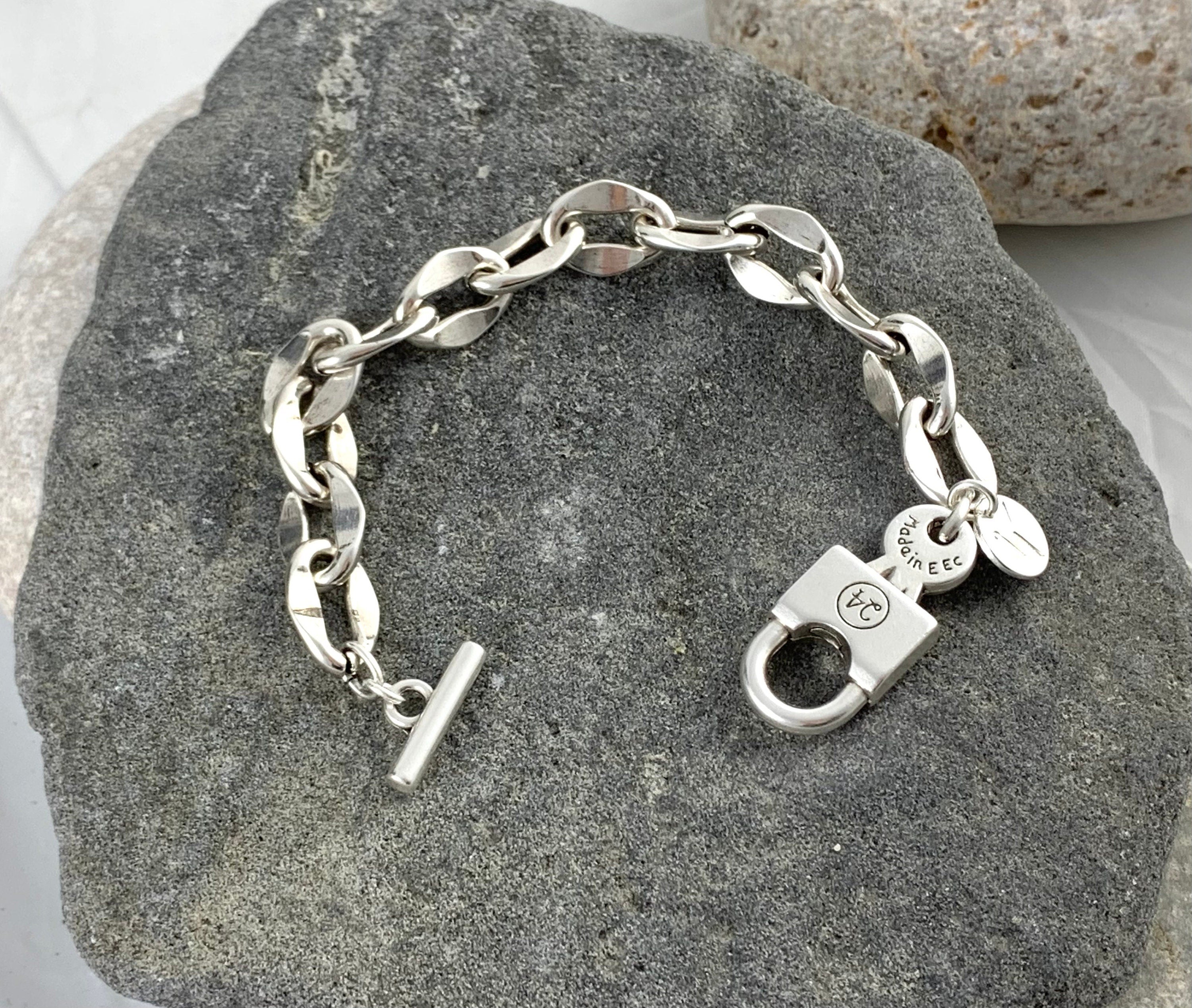 Bold Chunky silver plated Chain Bracelet with Oversized Padlock toggle Clasp – Industrial jewelry