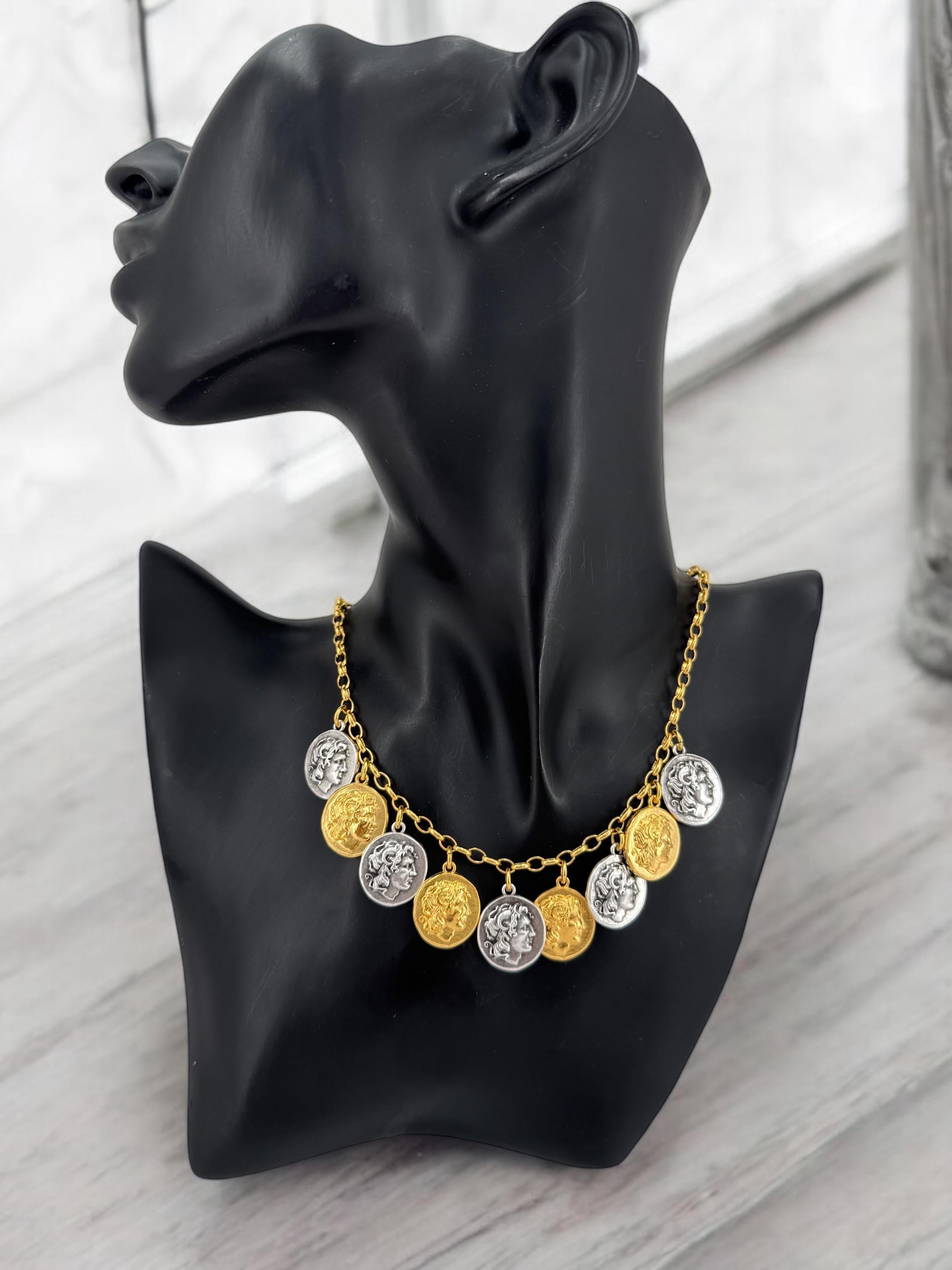 Handmade gold and silver Greek Coin charms Necklace, boho jewelry