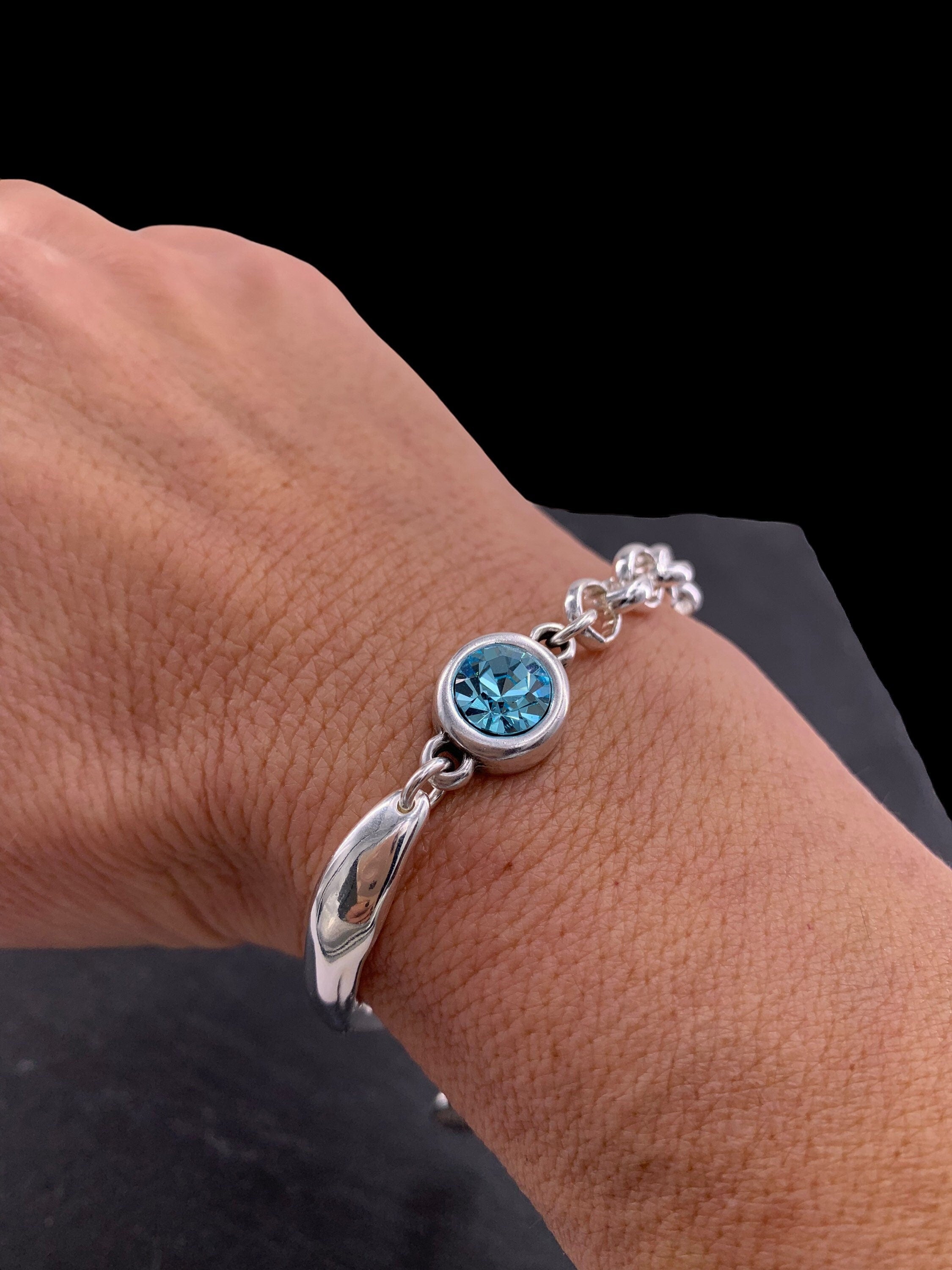 Chunky silver half-cuff and chain bracelet with Swarovski accent, custom bold bracelet