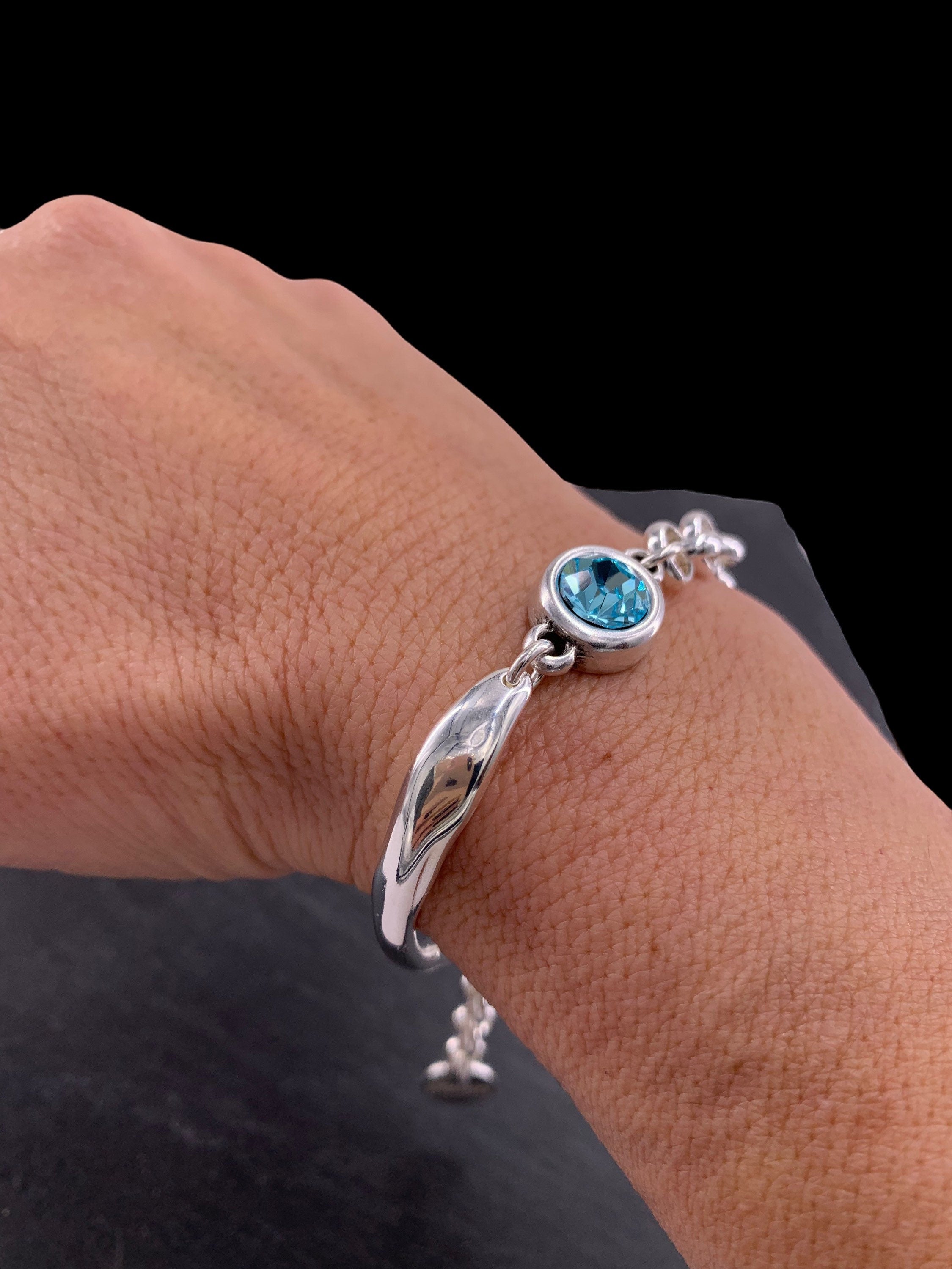 Chunky silver half-cuff and chain bracelet with Swarovski accent, custom bold bracelet