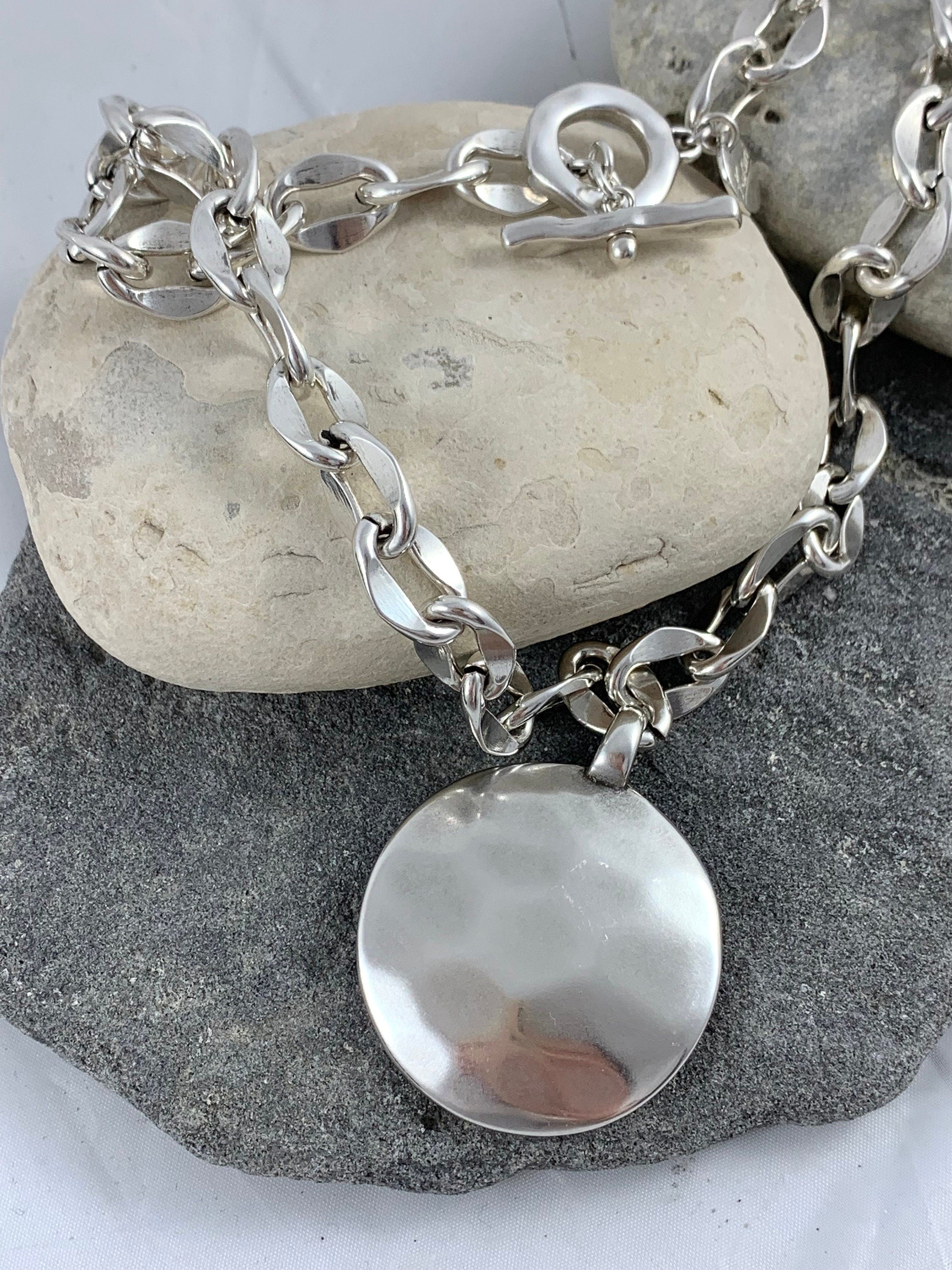 Chunky chain Silver-Plated toggle clasp Necklace with Large Hammered Pendant, bold custom jewelry