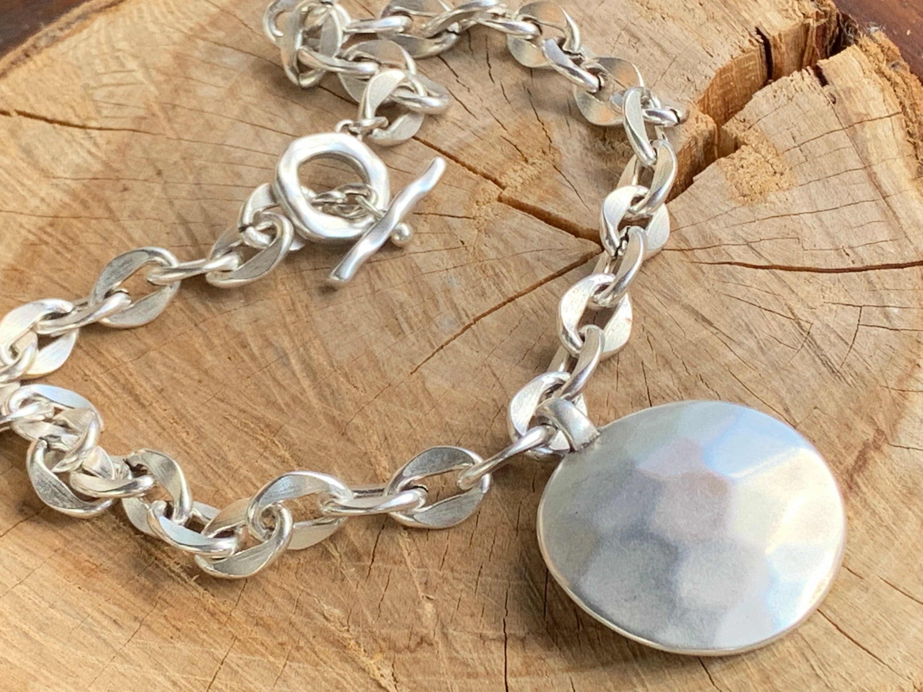 Chunky chain Silver-Plated toggle clasp Necklace with Large Hammered Pendant, bold custom jewelry
