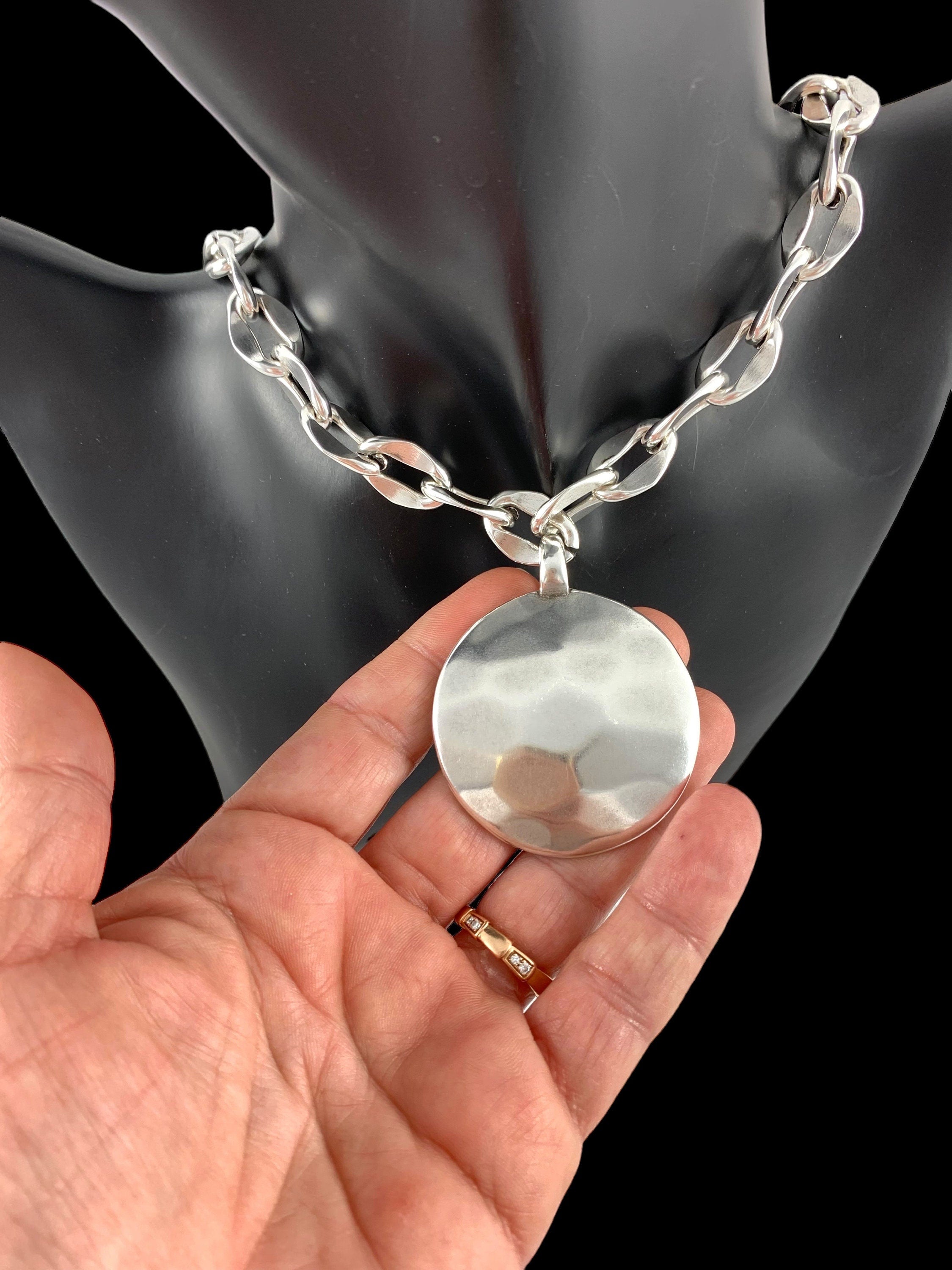Chunky chain Silver-Plated toggle clasp Necklace with Large Hammered Pendant, bold custom jewelry