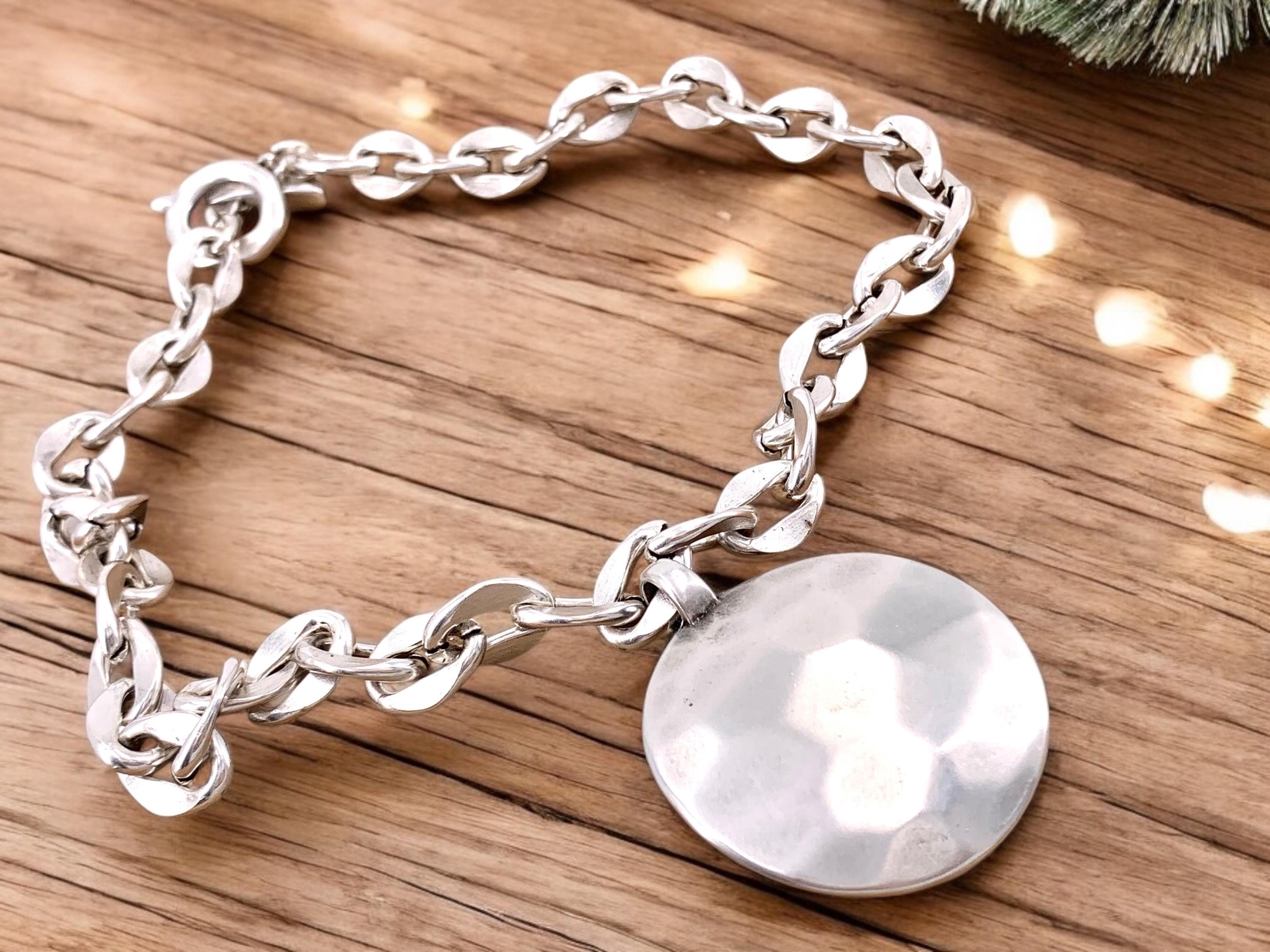 Chunky chain Silver-Plated toggle clasp Necklace with Large Hammered Pendant, bold custom jewelry