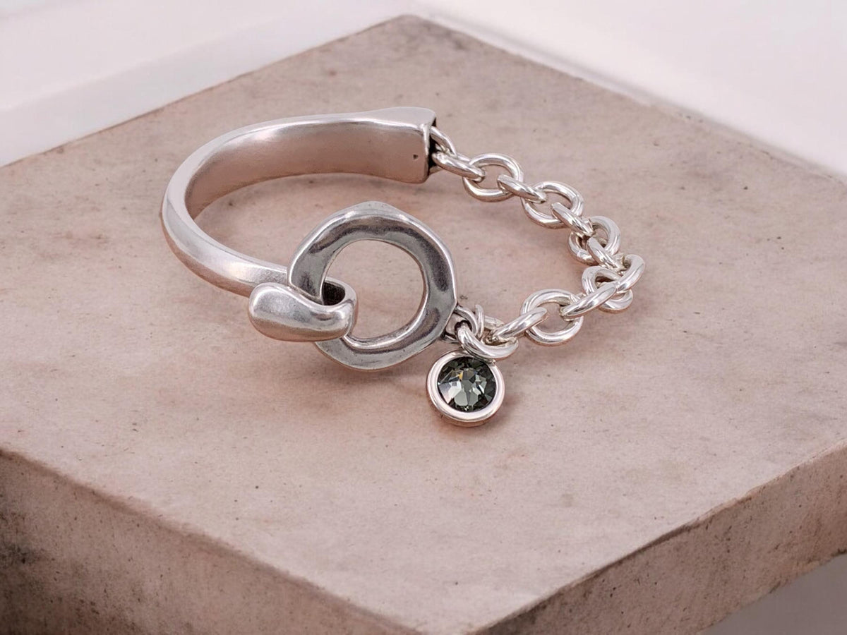 Chunky Silver Bracelet with Mixed Design Half Solid and chain Bracelet, Swarovski Crystal Charm