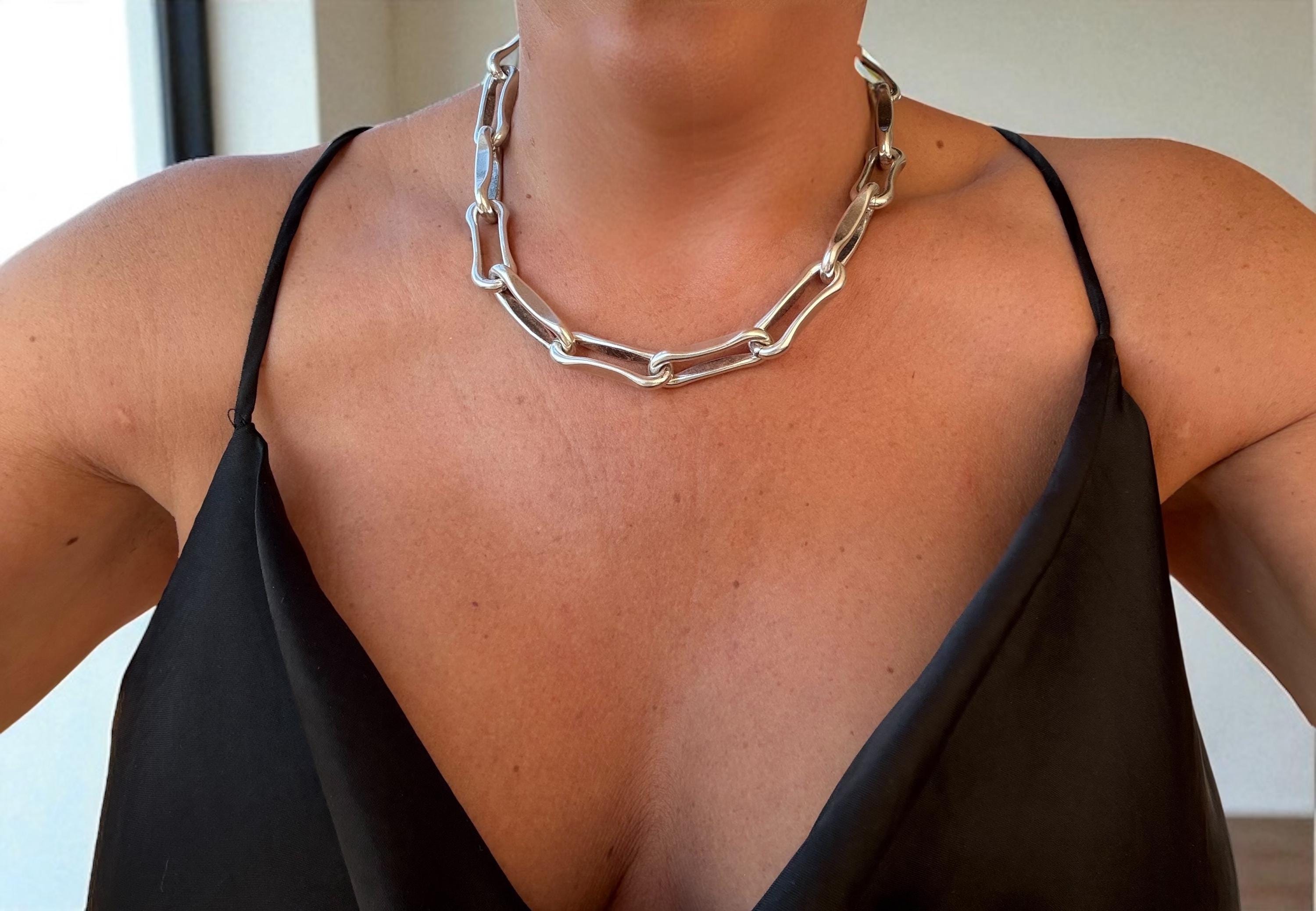 Chunky silver plated geometric links Chain Necklace, Bold  jewelry
