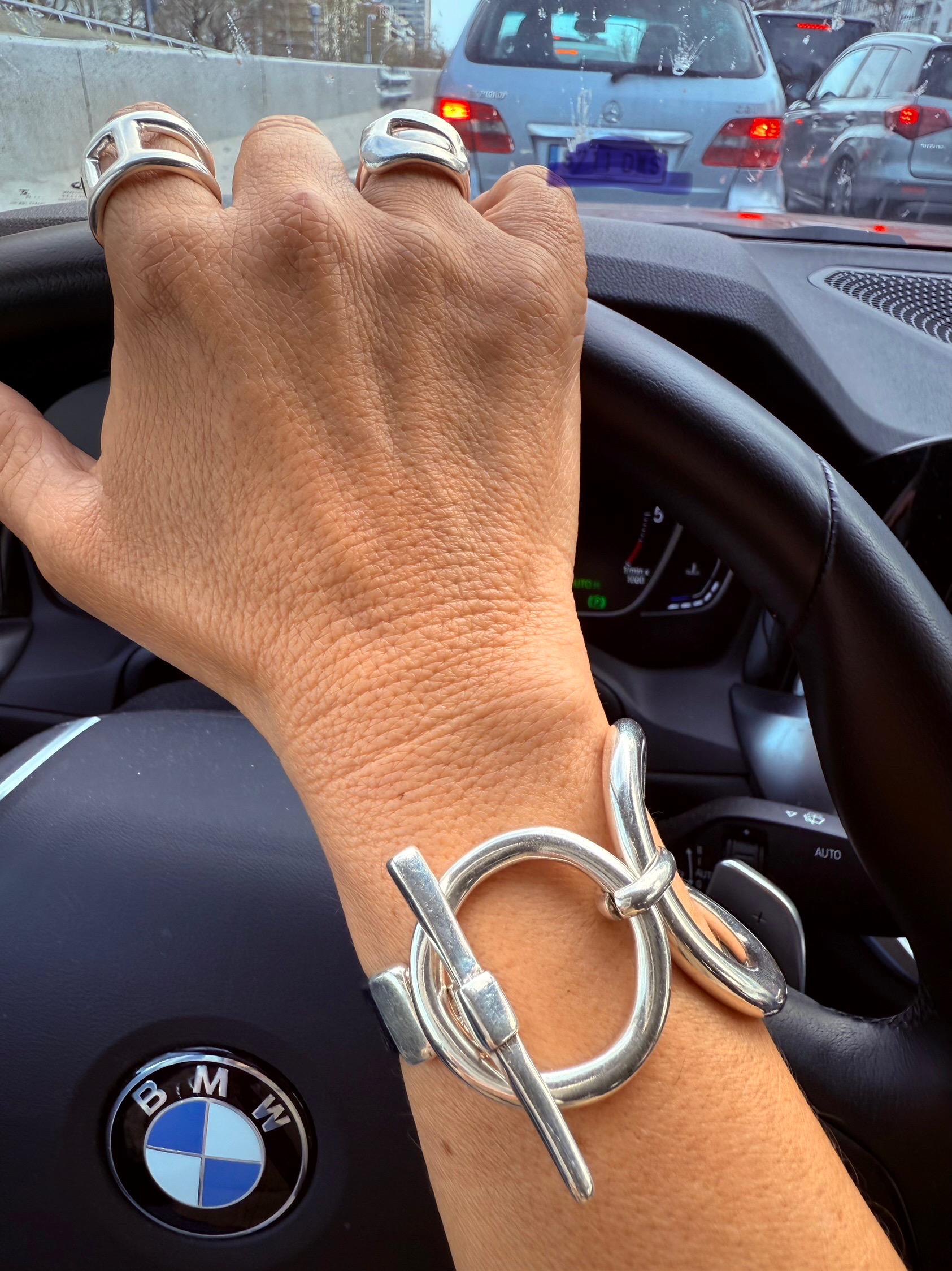 Artisian oversized chunky silver plated and leather bracelet, industrial jewelry