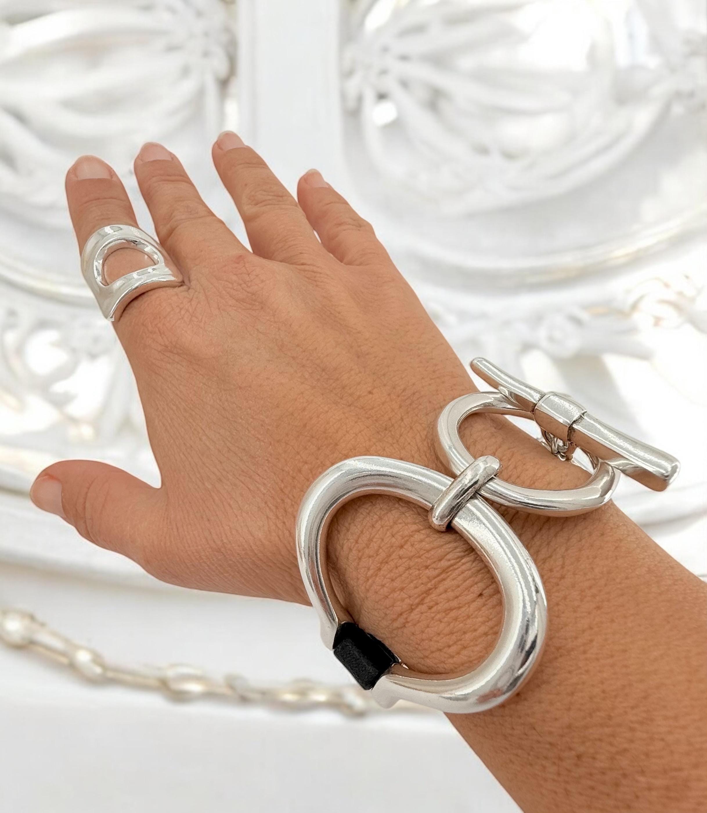 Artisian oversized chunky silver plated and leather bracelet, industrial jewelry