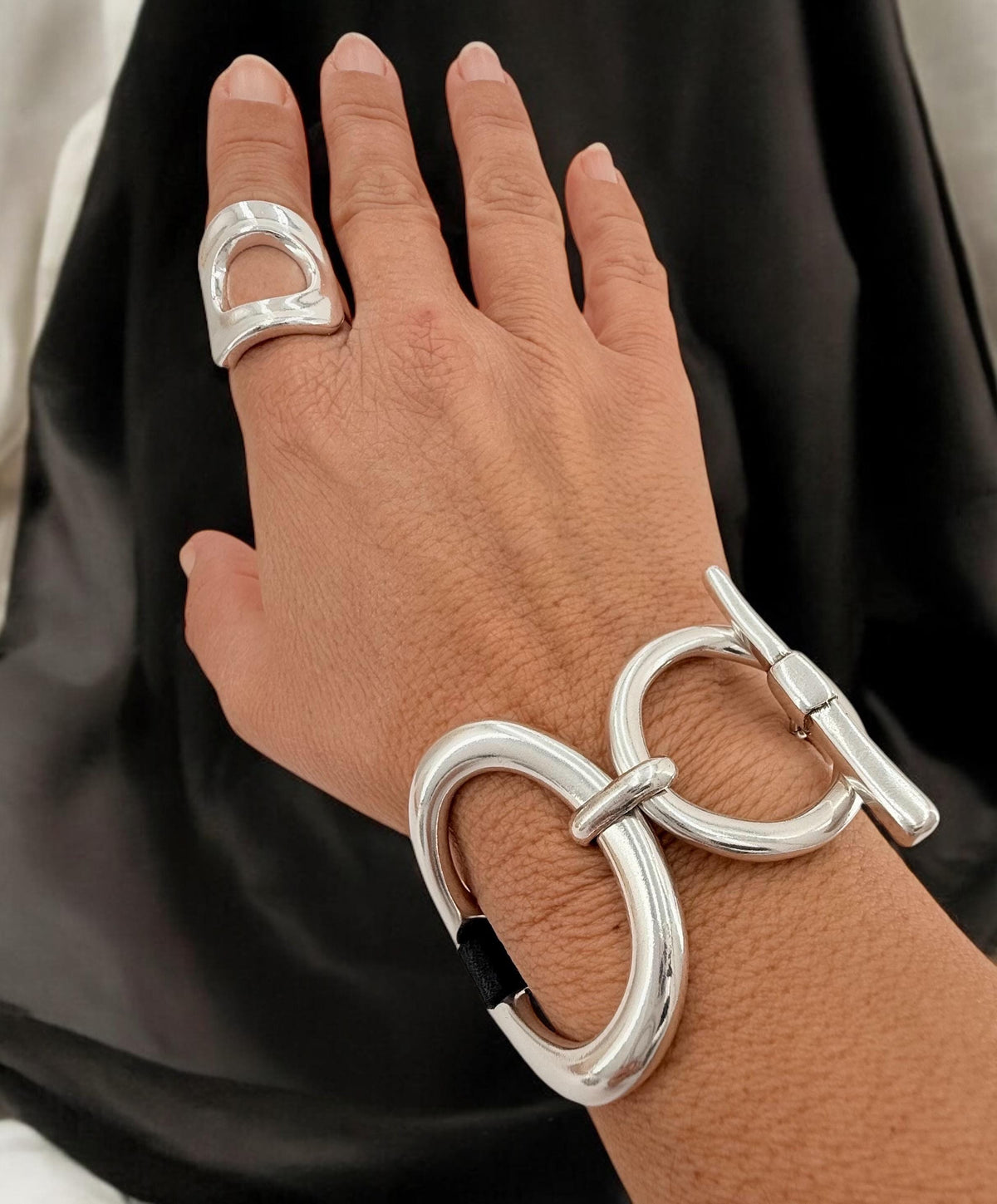 Artisian oversized chunky silver plated and leather bracelet, industrial jewelry