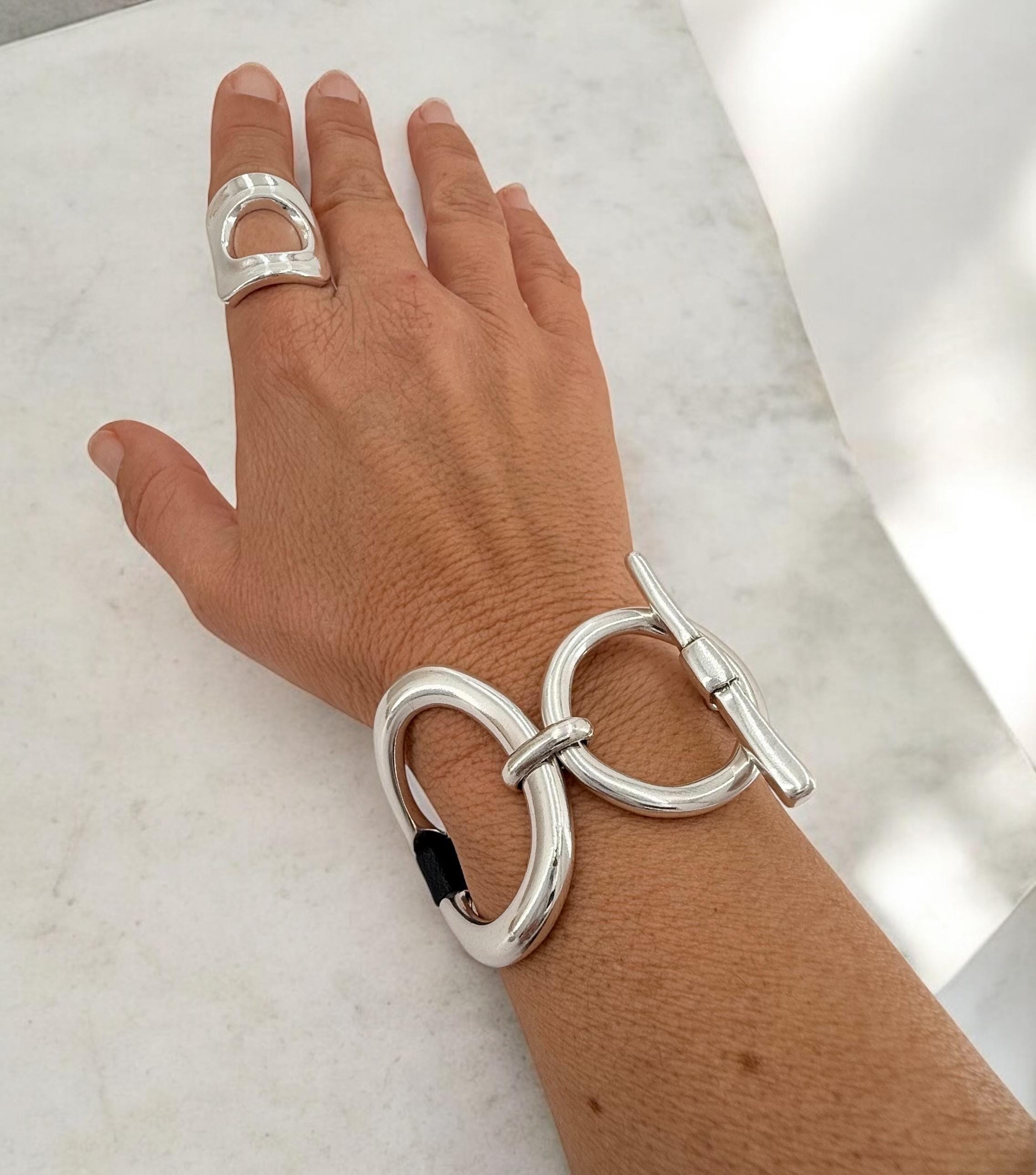Artisian oversized chunky silver plated and leather bracelet, industrial jewelry