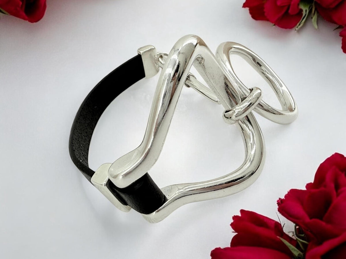 Artisian oversized chunky silver plated and leather bracelet, industrial jewelry