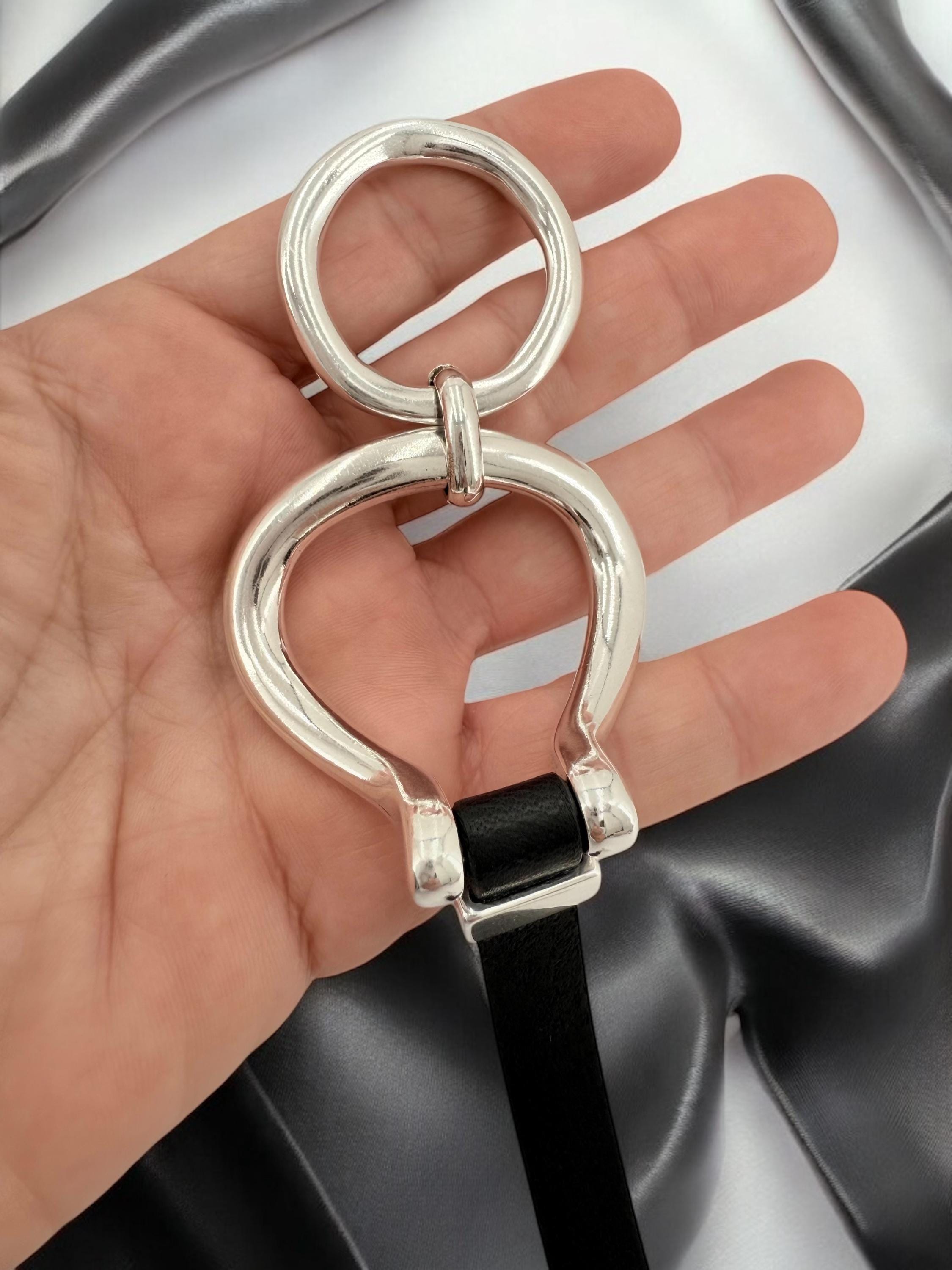 Artisian oversized chunky silver plated and leather bracelet, industrial jewelry