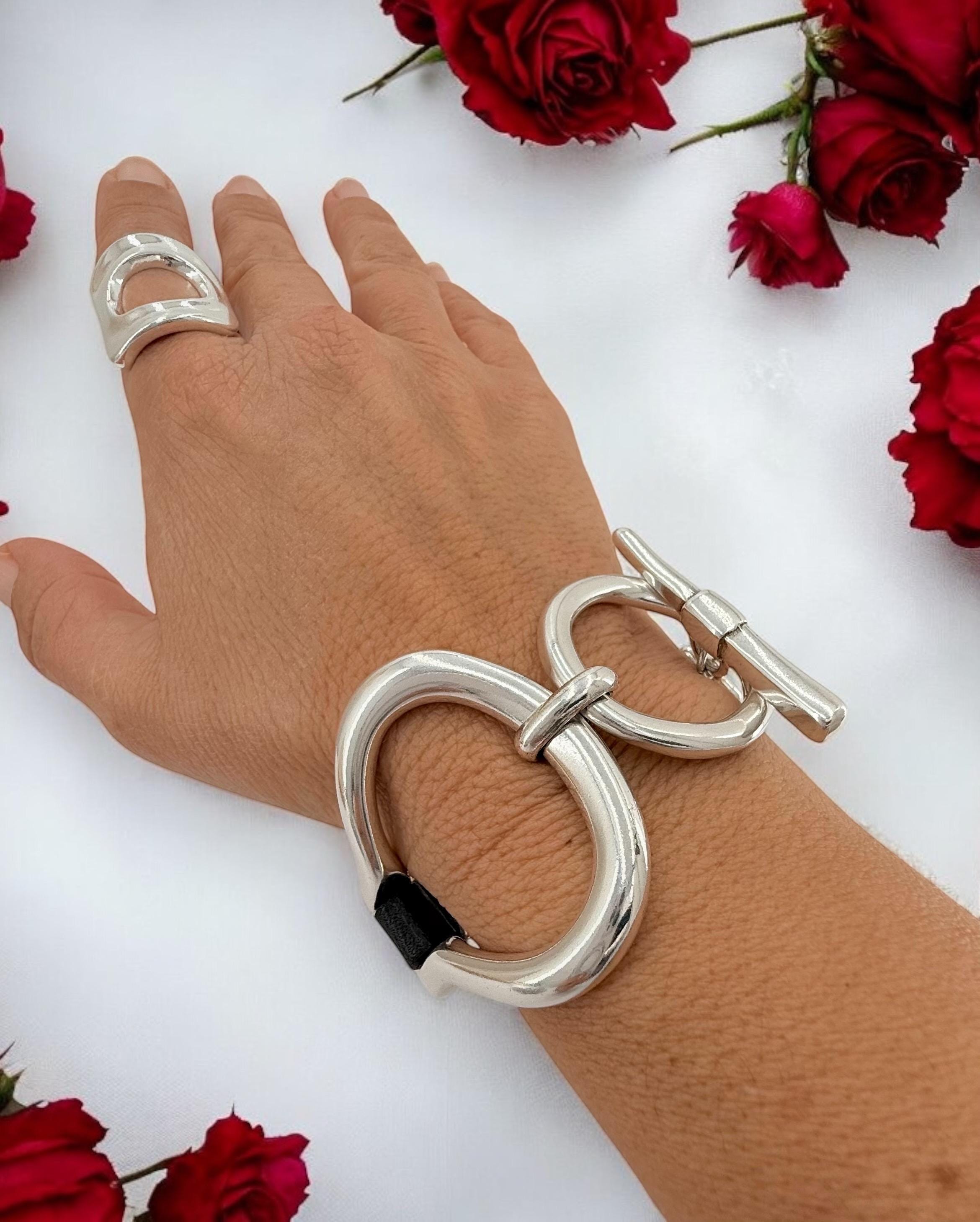 Artisian oversized chunky silver plated and leather bracelet, industrial jewelry