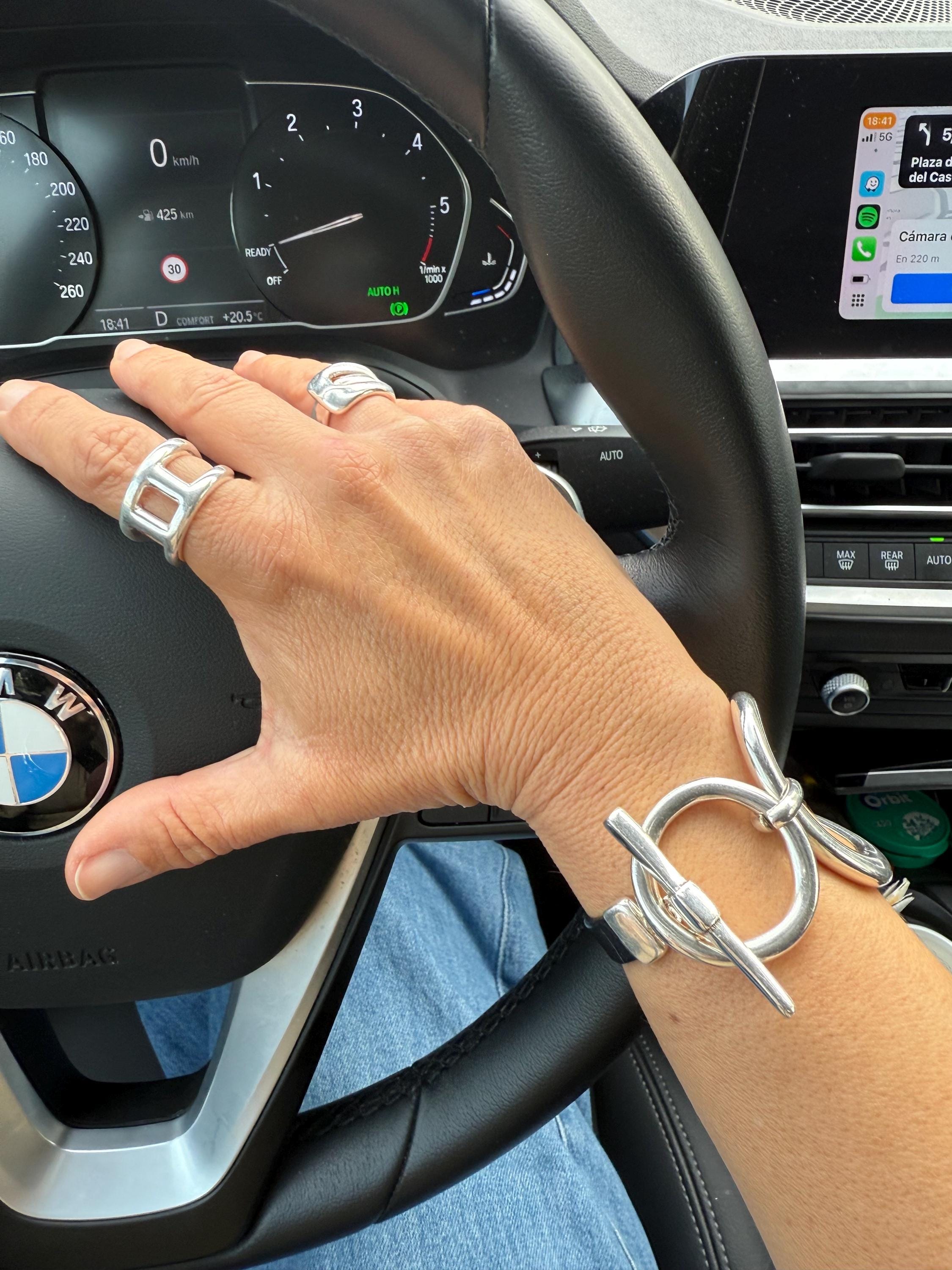 Artisian oversized chunky silver plated and leather bracelet, industrial jewelry