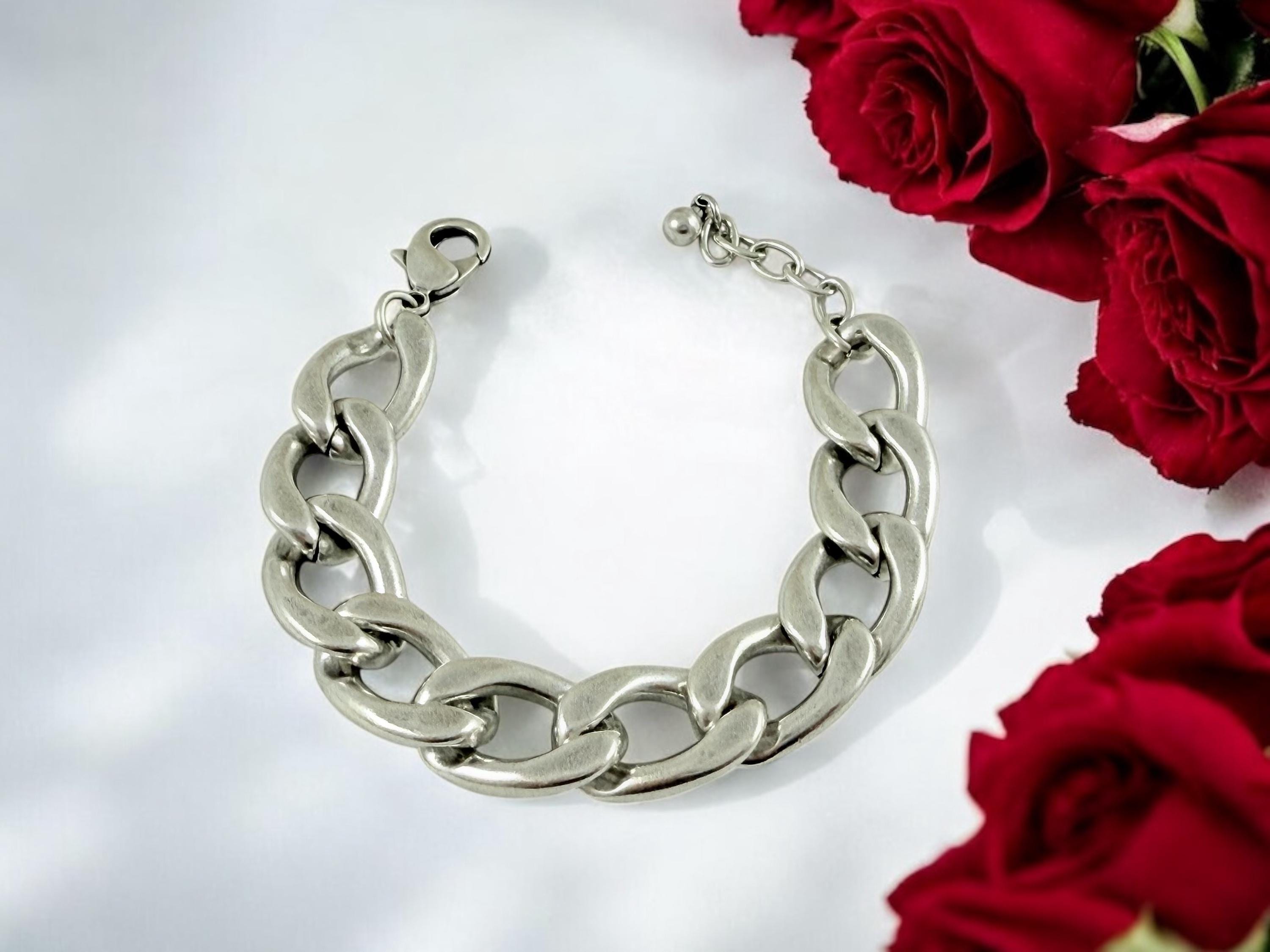 Adjustable Lightweight Chunky silver plated cuban chain bracelet, industrial style