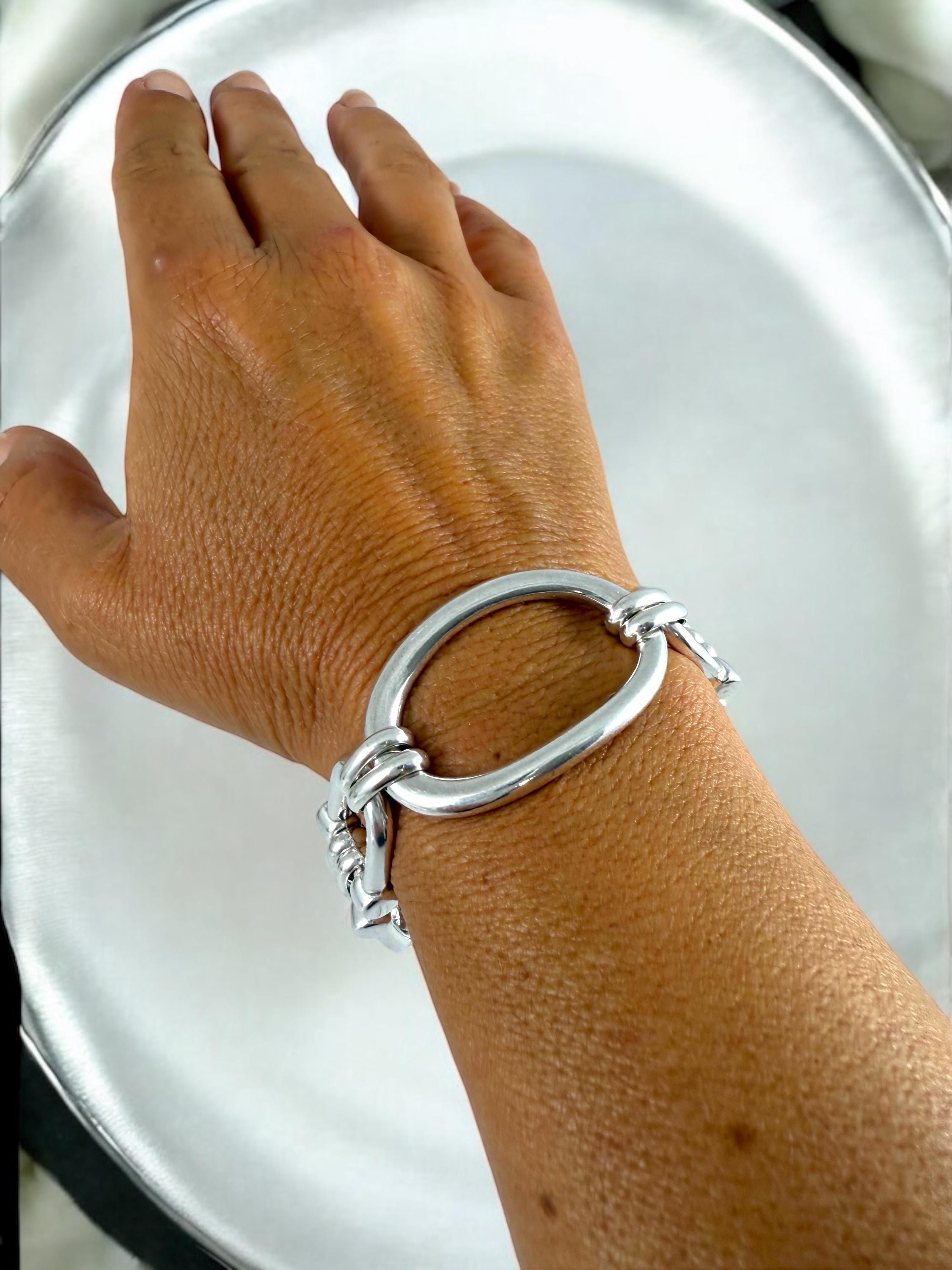 Silver oversized oval link chunky chain bracelet, adjustable large wrist cuff, bold statement jewelry