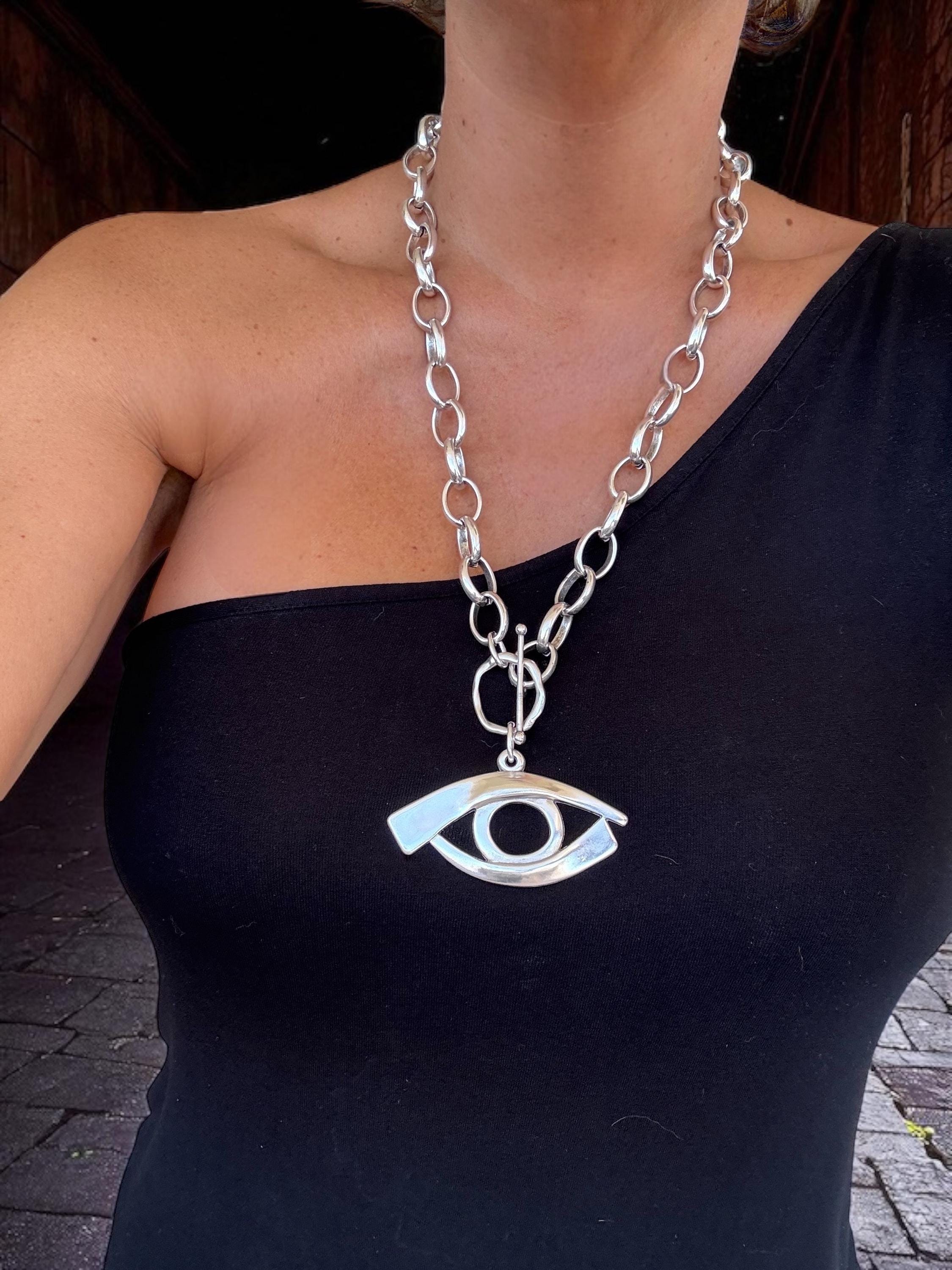Handmade Silver Plated Chunky chain Necklace with large Egyptian Eye Pendant