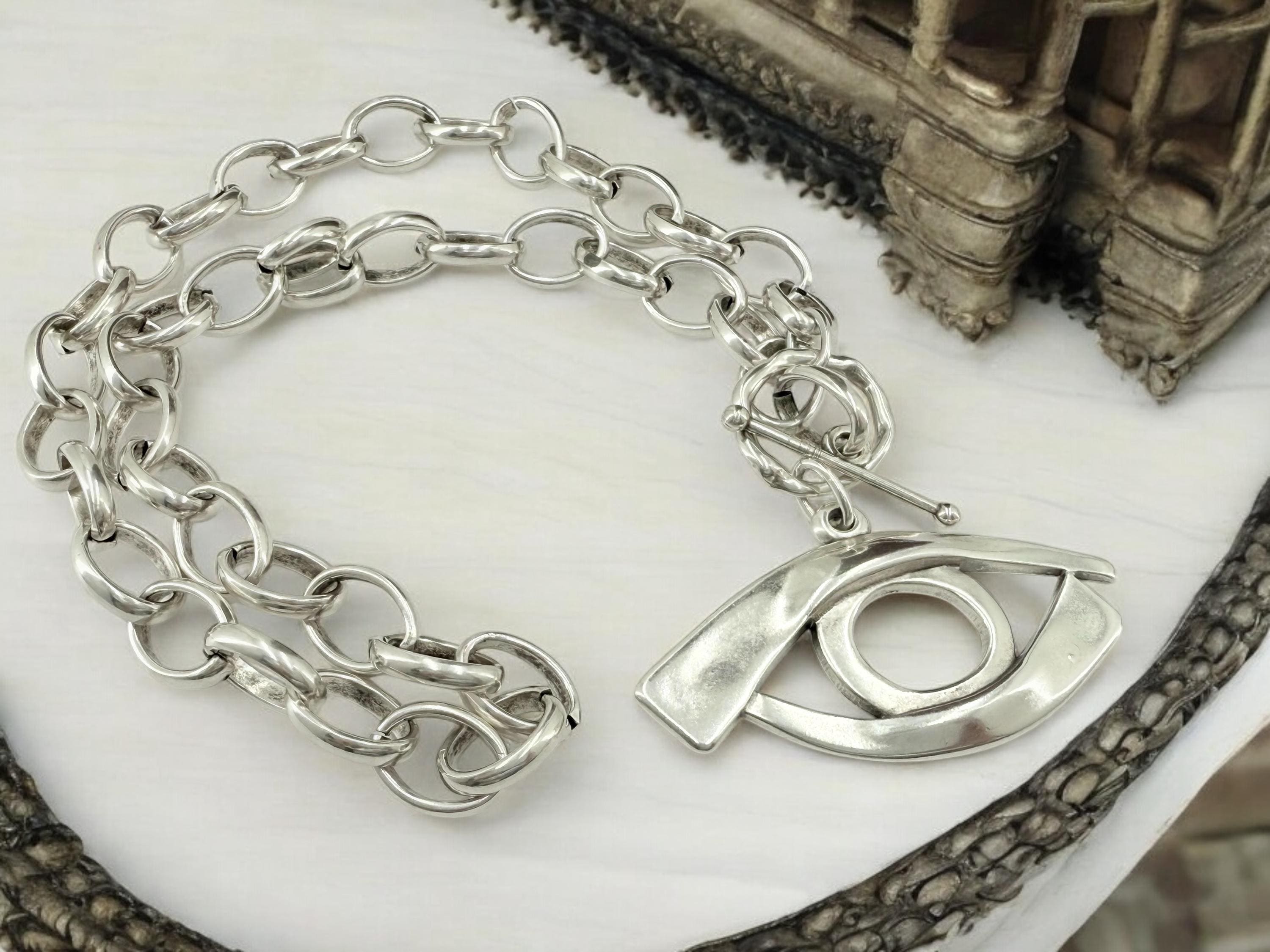 Handmade Silver Plated Chunky chain Necklace with large Egyptian Eye Pendant