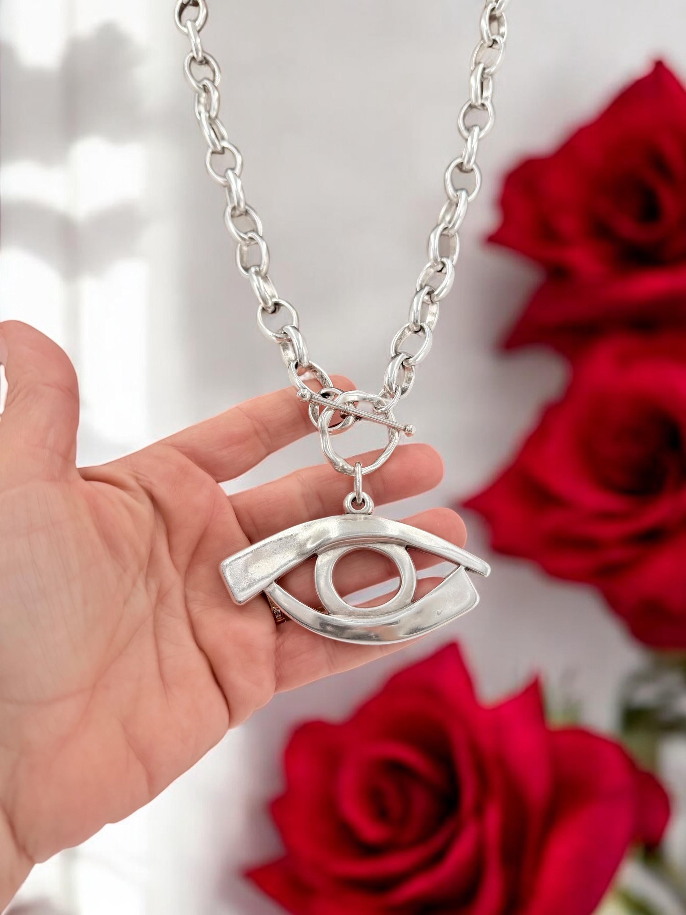 Handmade Silver Plated Chunky chain Necklace with large Egyptian Eye Pendant