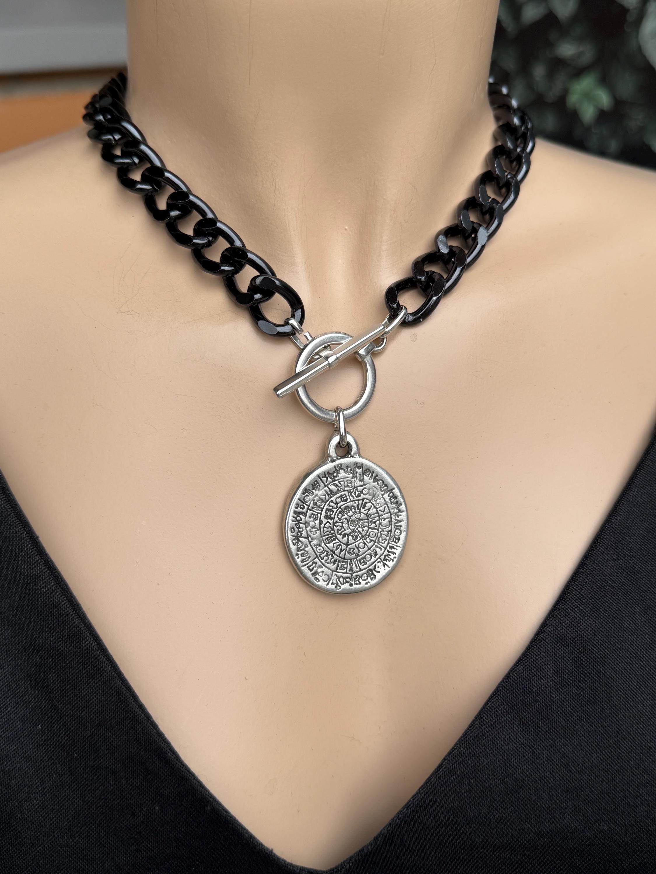 Chunky black chain coin pendant toggle clasp necklace