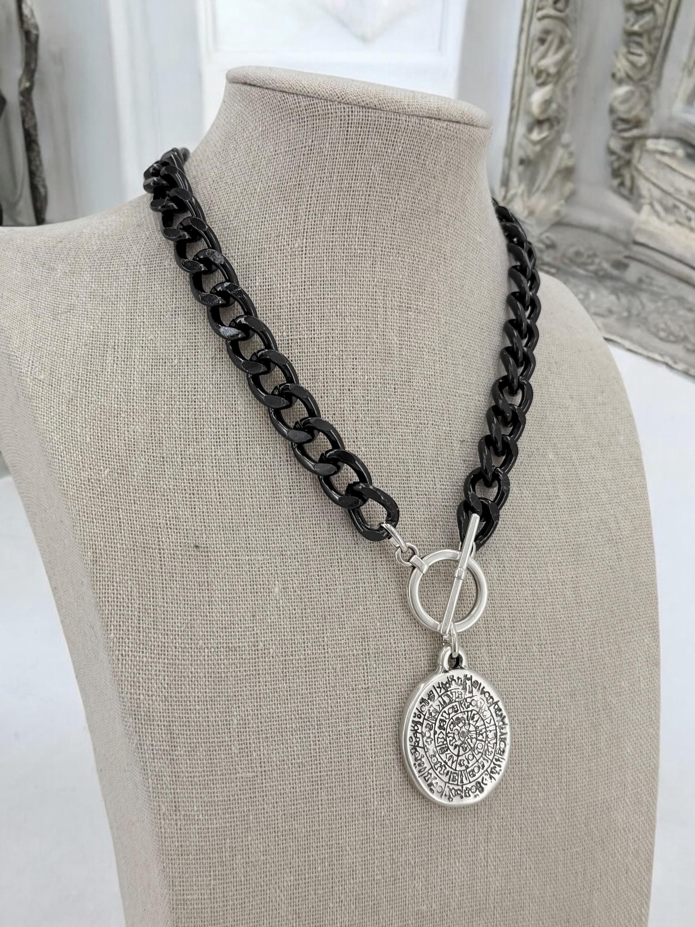 Chunky black chain coin pendant toggle clasp necklace