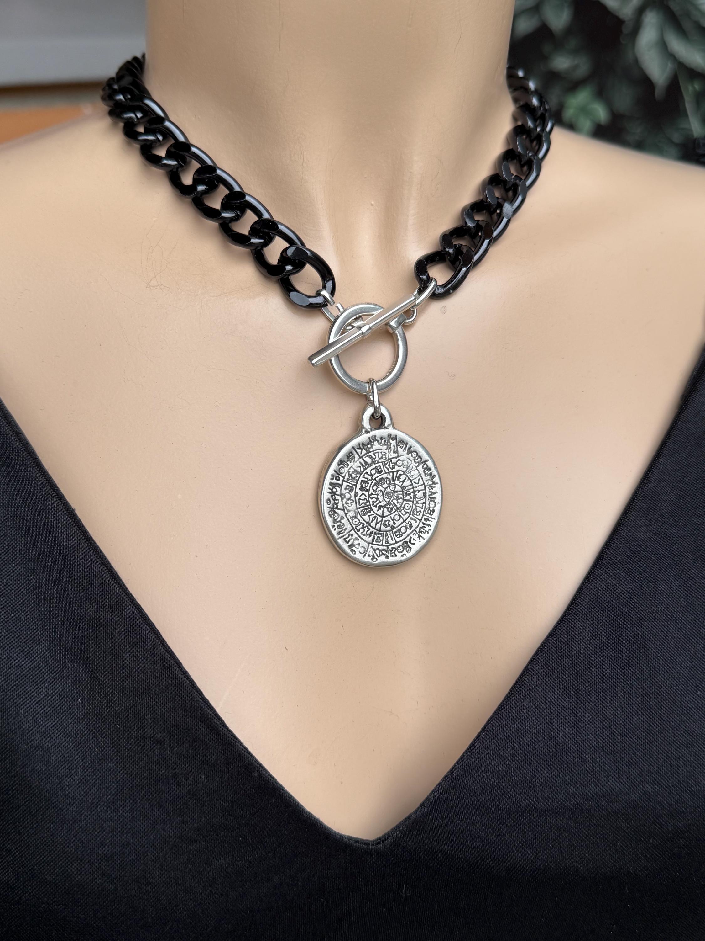 Chunky black chain coin pendant toggle clasp necklace