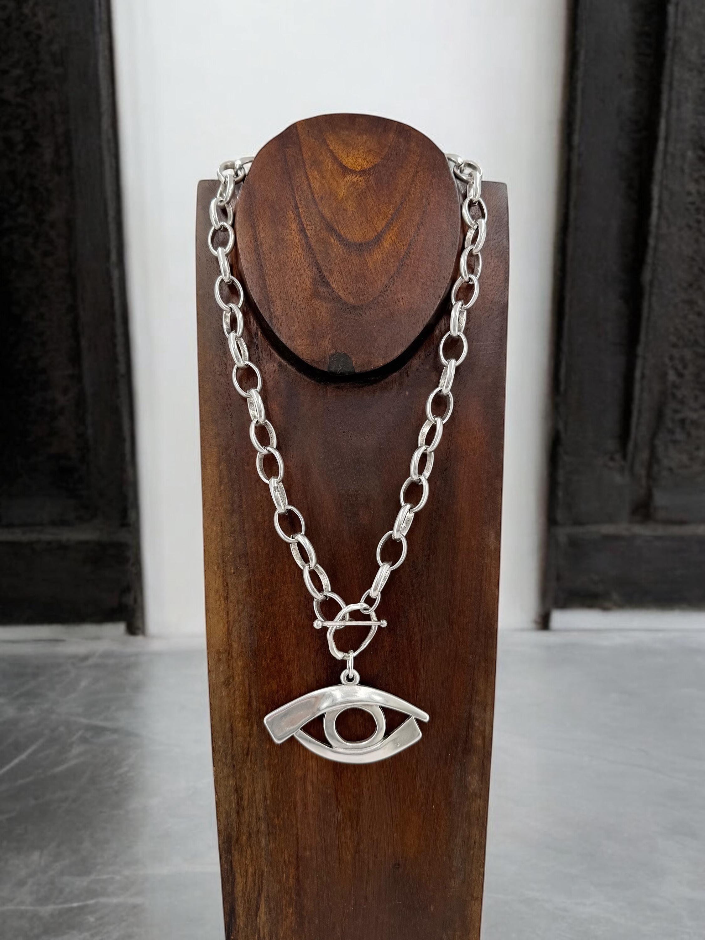 Handmade Silver Plated Chunky chain Necklace with large Egyptian Eye Pendant