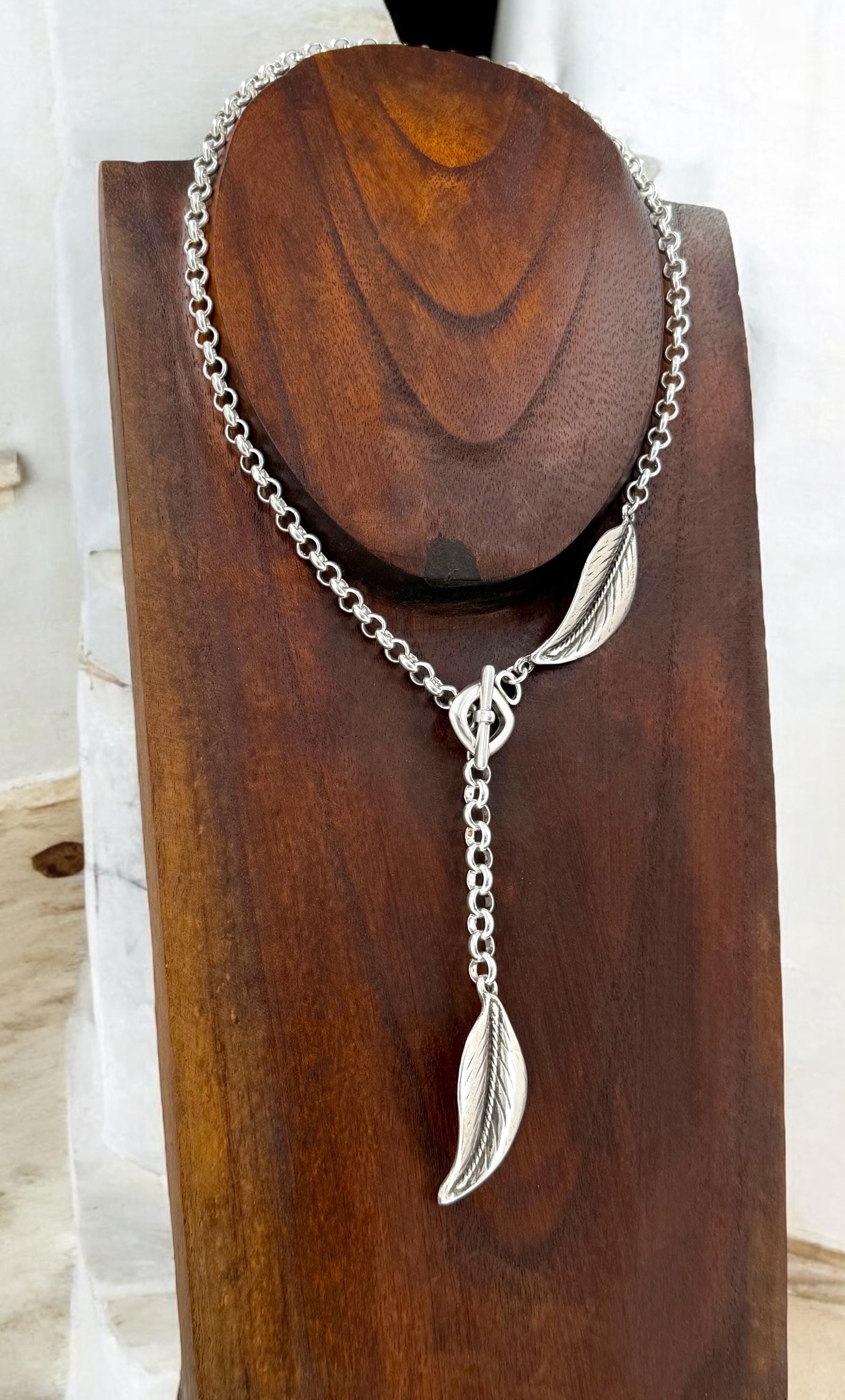 Chunky Silver Plated Lariat Necklace, Leaf Pendant, Toggle Clasp, Boho Style