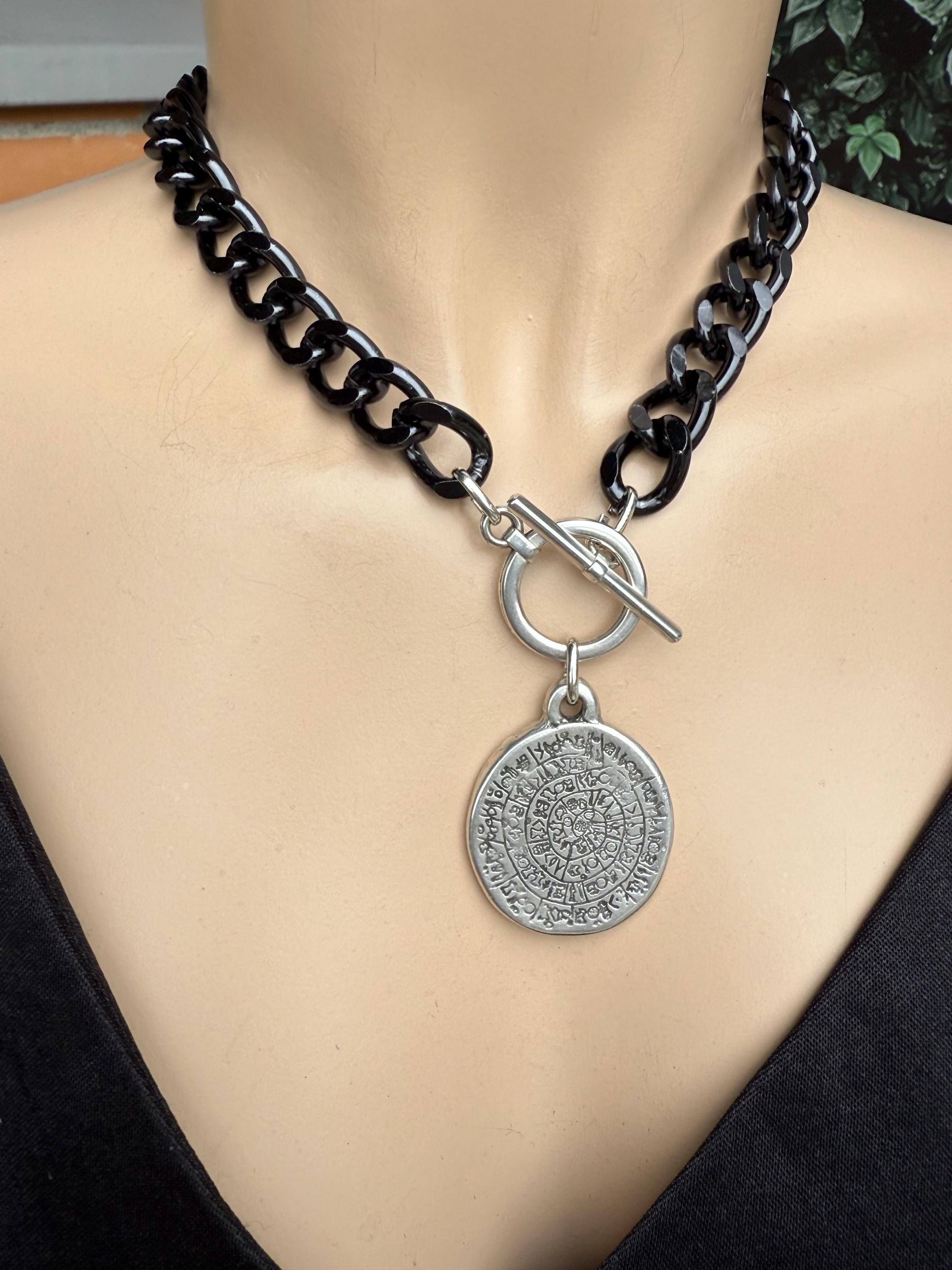 Chunky black chain coin pendant toggle clasp necklace