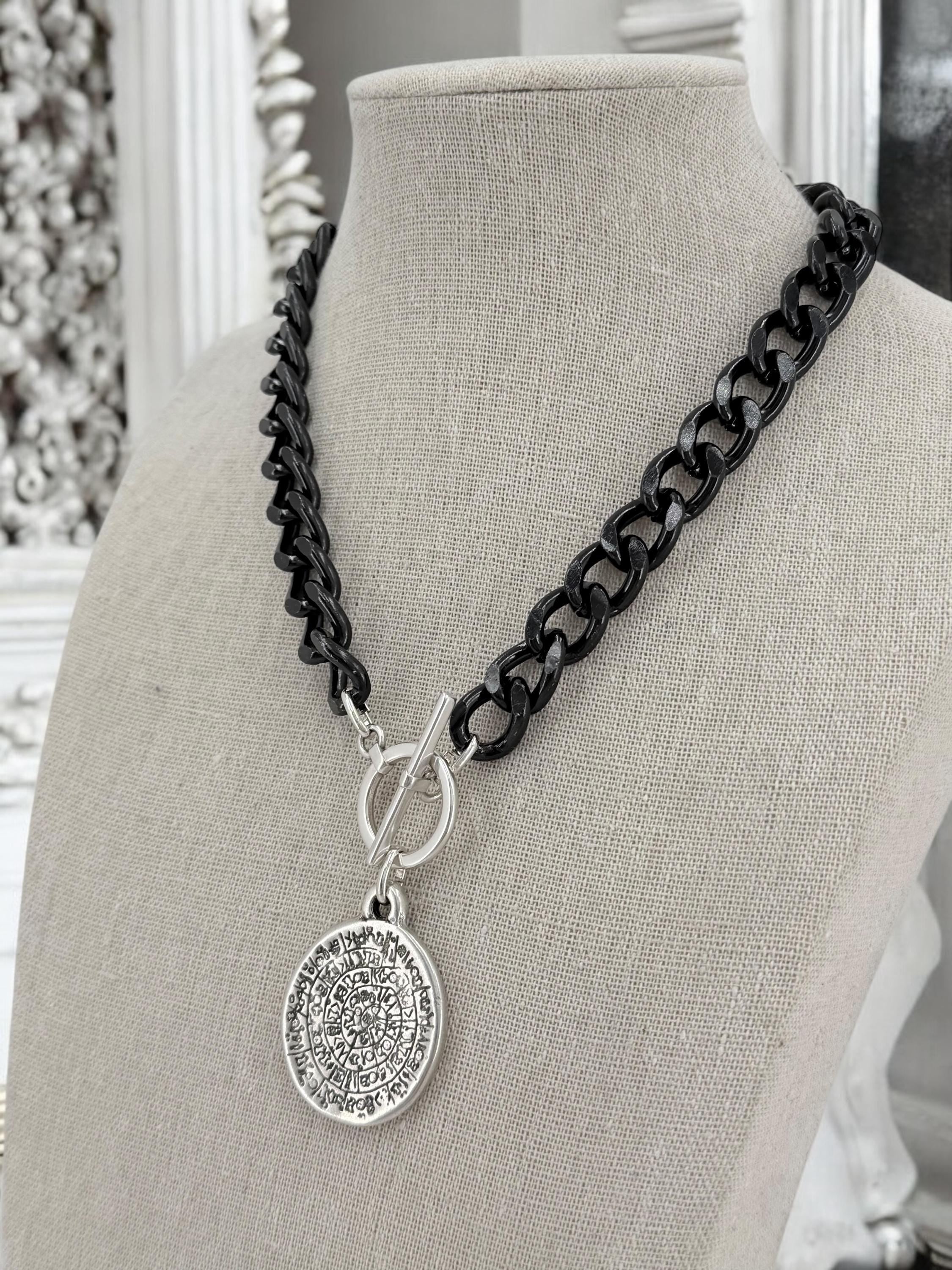 Chunky black chain coin pendant toggle clasp necklace