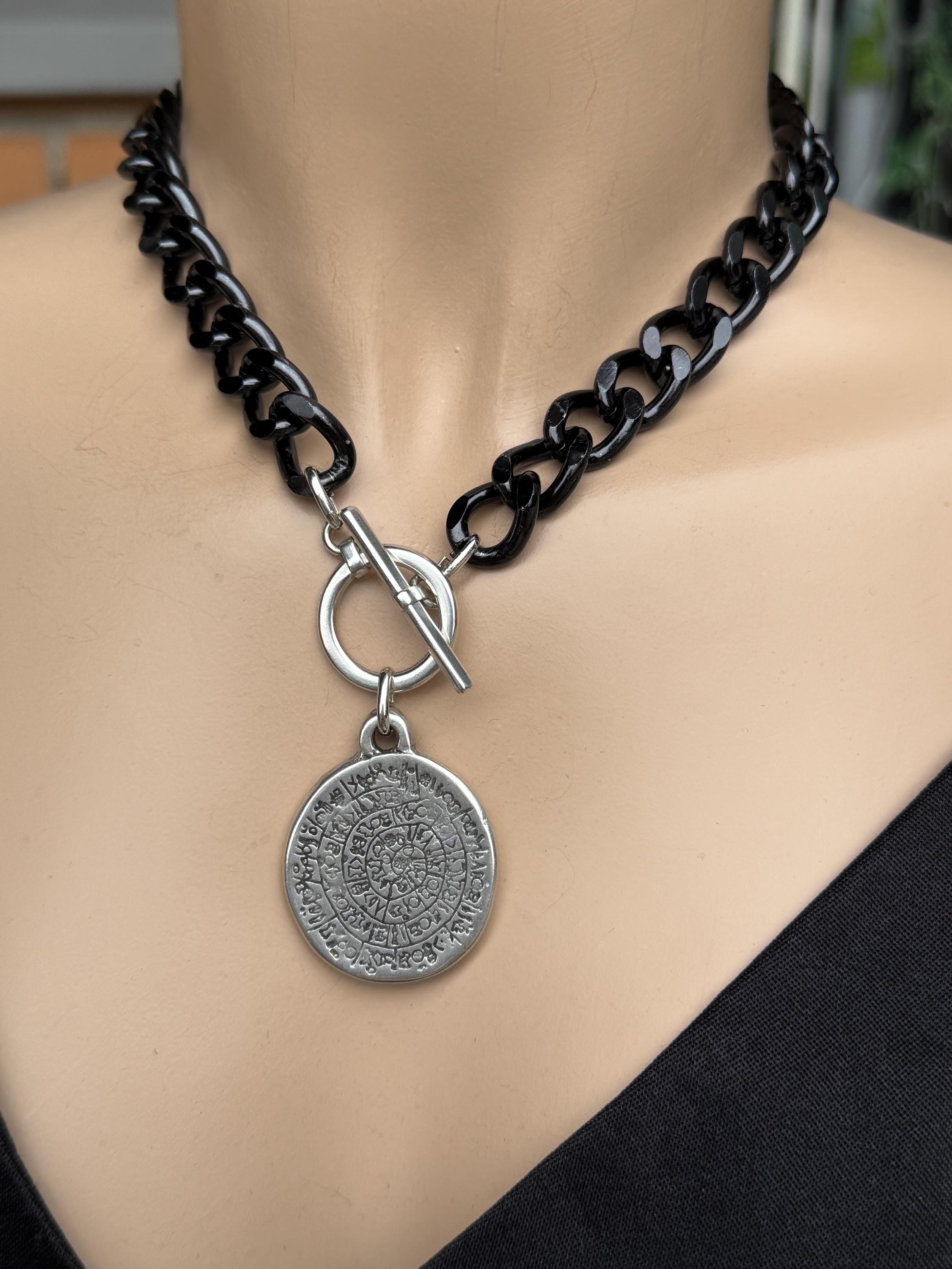Chunky black chain coin pendant toggle clasp necklace