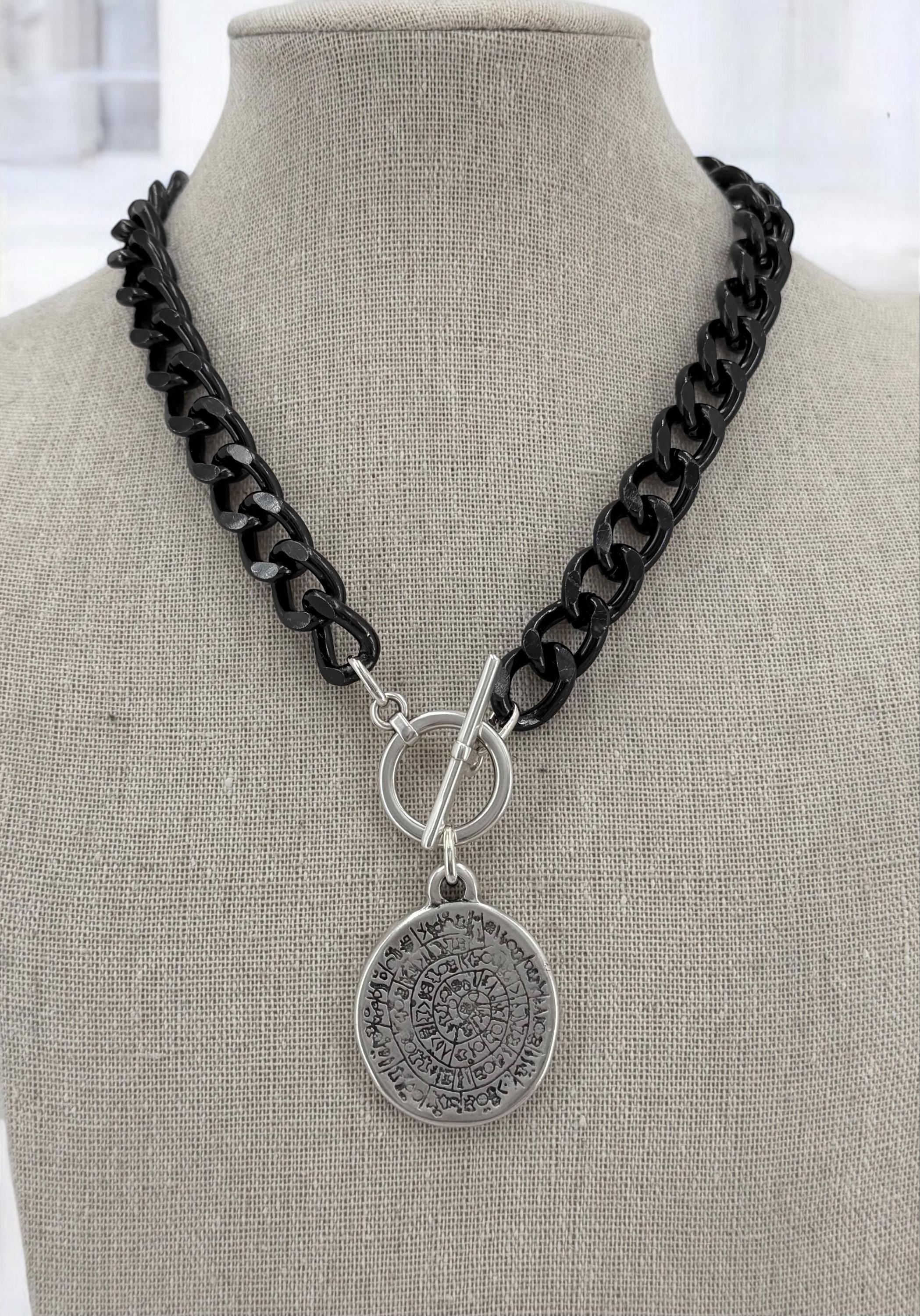 Chunky black chain coin pendant toggle clasp necklace